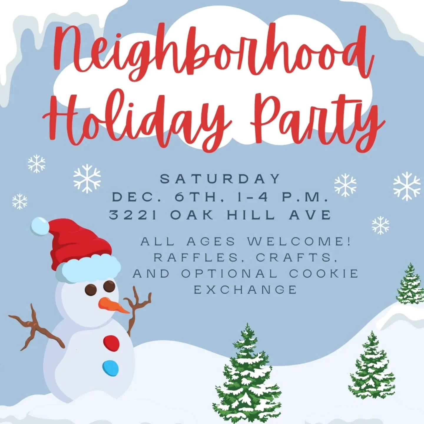 Reminder - all are welcome at the TGS Neighborhood Association annual holiday party!
Join us Dec. 6th, 1 - 4 p.m. at 3221 Oak Hill Ave for cookies, cider, and holiday cheer!&nbsp;

There will be crafts and coloring for the kids. If you bring cookies 