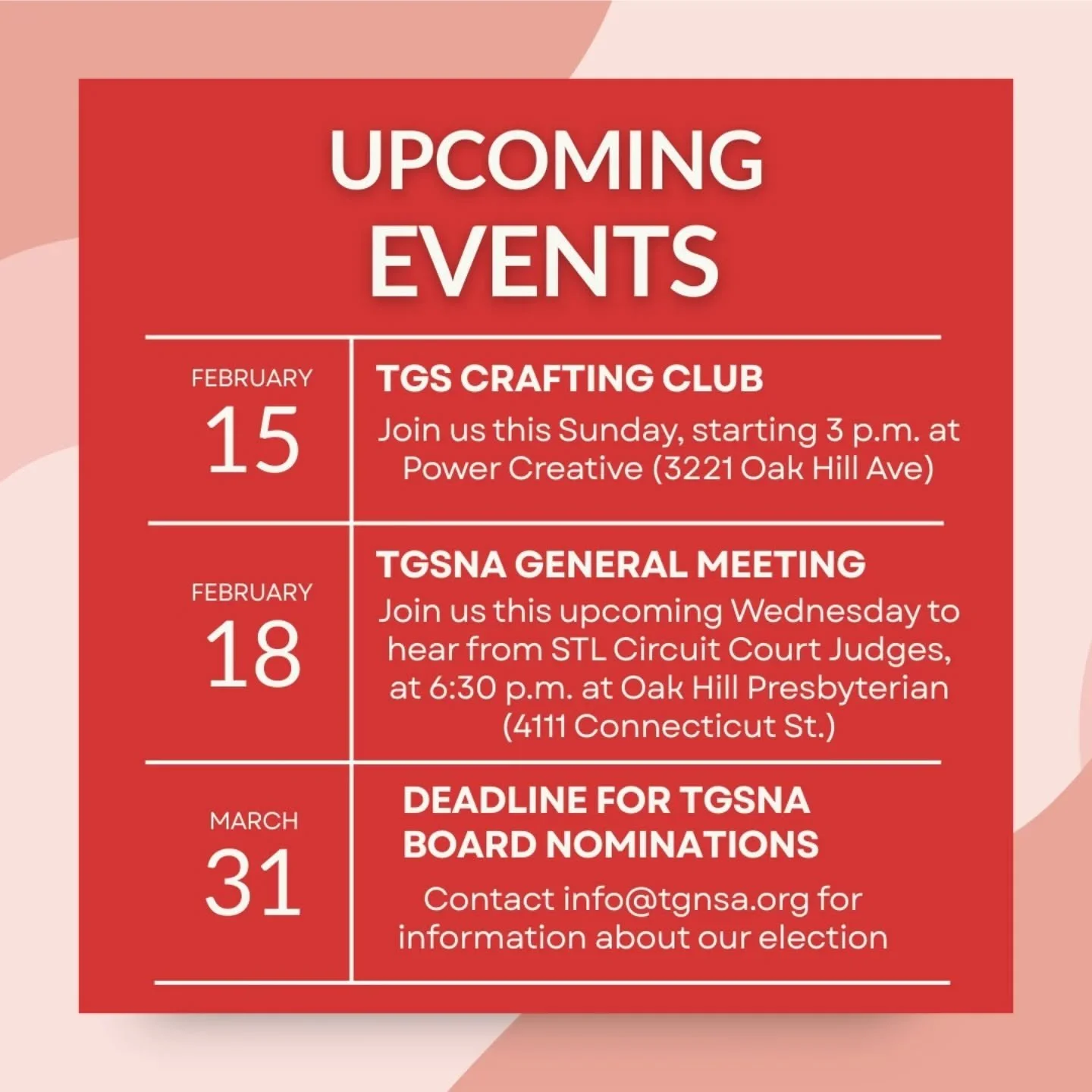 Join us at our upcoming events! All are welcome! And remember, all of our general meetings now include refreshments and raffles! Every attendee on Feb. 18th will have a chance to win.

Interested in getting more involved with the Tower Grove South Ne