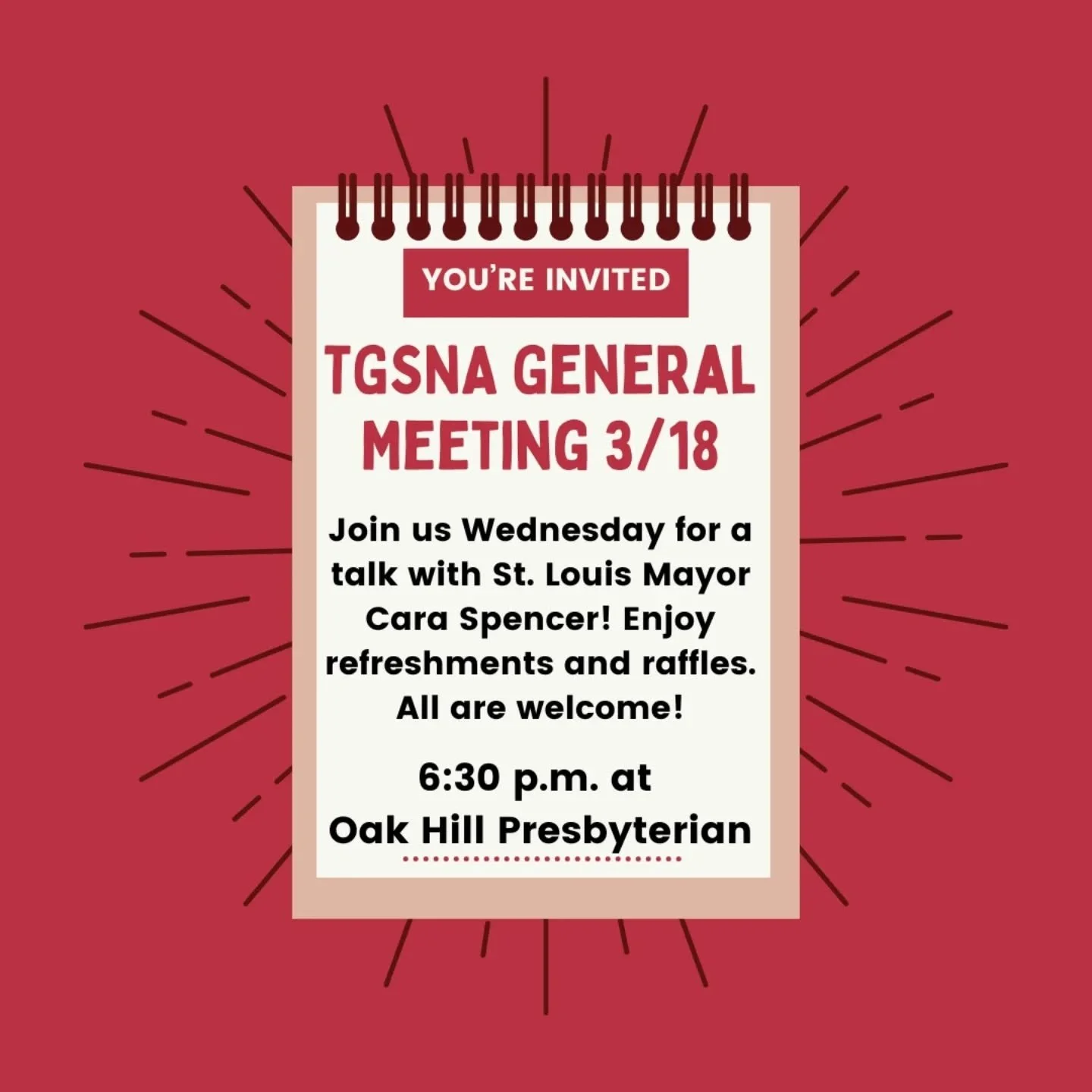 Join us this upcoming Wednesday 3/18 for our monthly neighborhood association meeting at 6:30 p.m. at Oak Hill Presbyterian (4111 Connecticut St.)