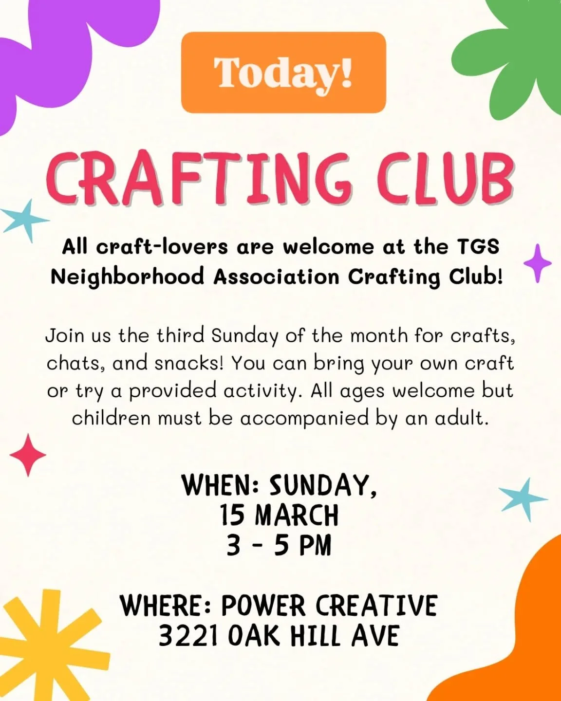 Join us today for TGSNA Crafting Club from 3-5 pm at 3221 Oak Hill Ave!

Feel free to bring your own crafts, and any you'd like to share with others. We will also have crafts on hand for those who don't have their own - coloring books, colored pencil