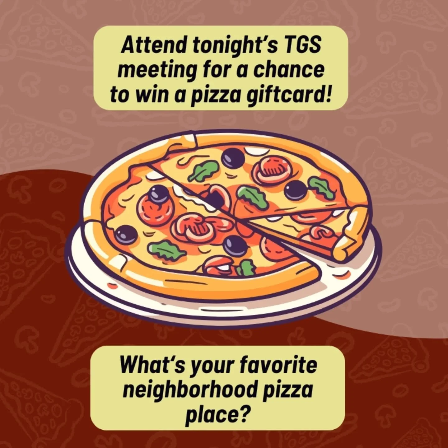 Join us tonight (3/18) for our monthly neighborhood meeting with guest speaker Mayor Spencer! Every attendee gets a free raffle ticket for a chance to win a gift card. 

To celebrate Pi Day/314 Day, we randomly selected two neighborhood pizza places 