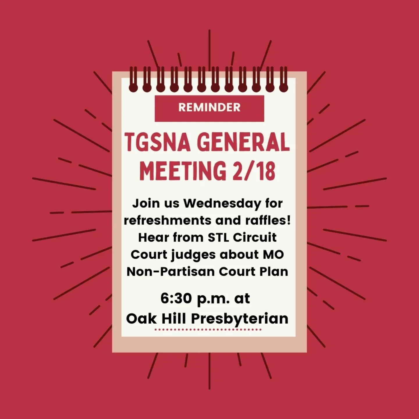 Join us tomorrow for our monthly meeting! Enjoy refreshments while hearing neighborhood updates. All attendees have a chance to win a gift card to a local business! This month's meeting will feature STL Circuit Court judges who will be speaking on th