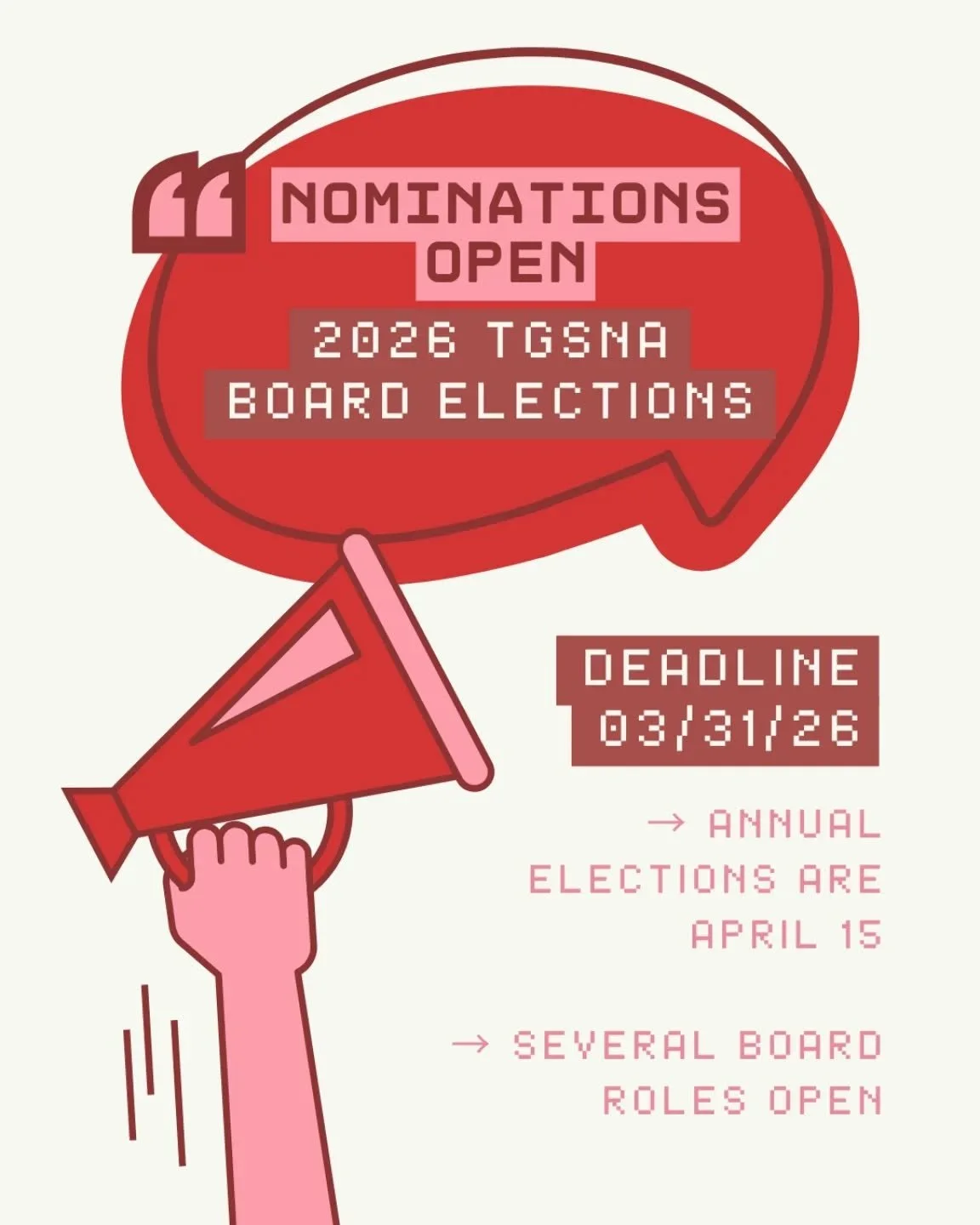 Want to be part of the
TGS Neighborhood Association Board?

Nominations are due by end of day March 31st. You can&nbsp;nominate yourself or someone else&nbsp;you think would make a great Board member!&nbsp;Annual elections for open board positions wi