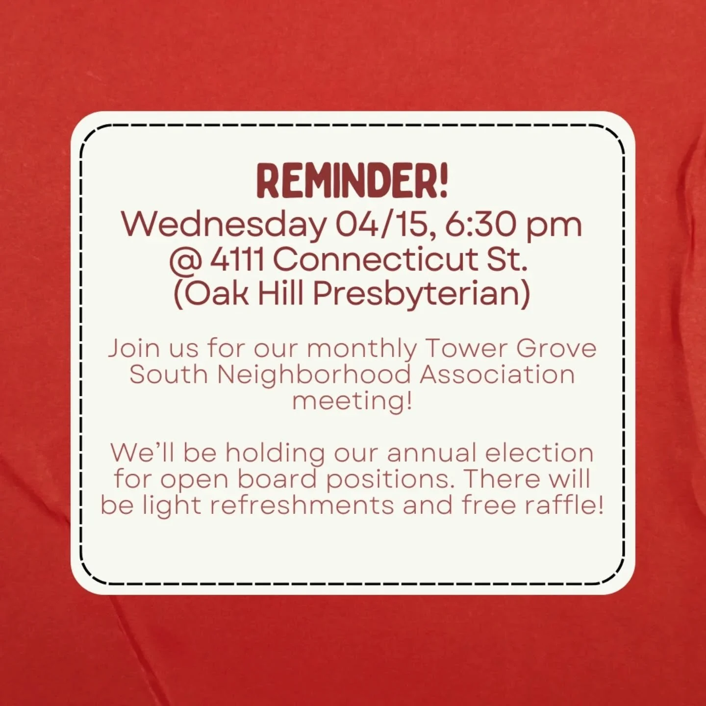 TGSNA General Meeting
Wednesday, April 15, 6:30&nbsp;p.m.
Oak Hill Presbyterian Church (4111 Connecticut St.)

Join us tomorrow for neighborhood updates and our annual election.&nbsp;All are welcome!&nbsp;Light refreshments will be provided. All atte