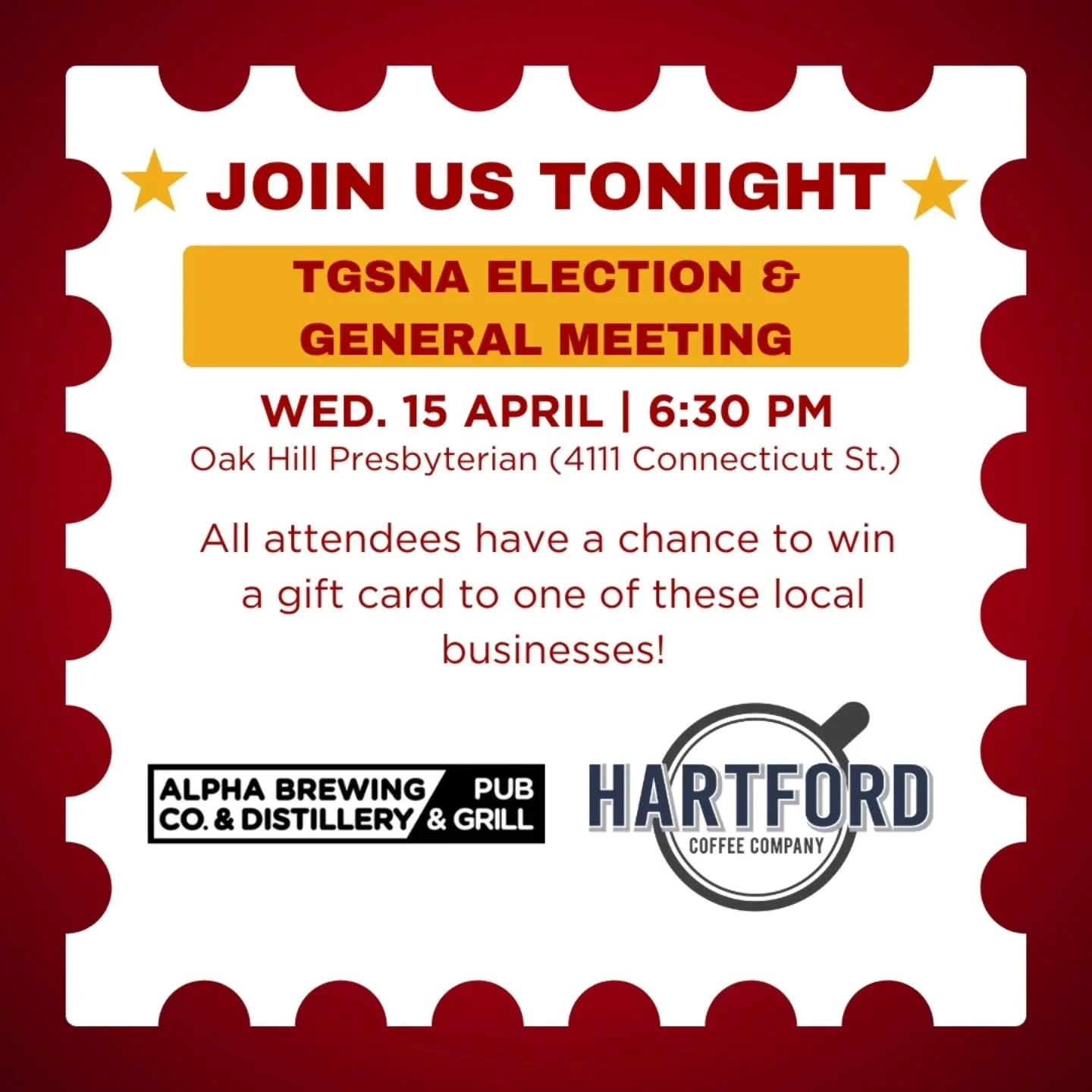 Join us tonight for neighborhood updates and our annual election.&nbsp;All are welcome!&nbsp;Light refreshments will be provided. Attend for a chance to win a gift card&nbsp;to @alphabrewingcodistillery or @hartfordcoffeeco

Our association meetings 