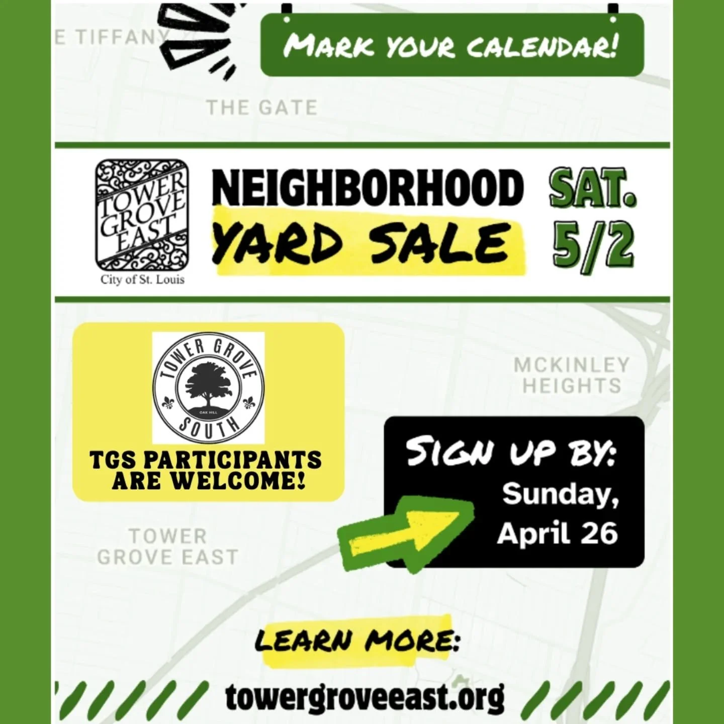 Once again, our neighbors in @towergroveeast are welcoming Tower Grove South residents to participate in the annual yard sale. Two great neighborhoods, one big sale! For more information or to register your house, visit towergroveeast.org. To be incl