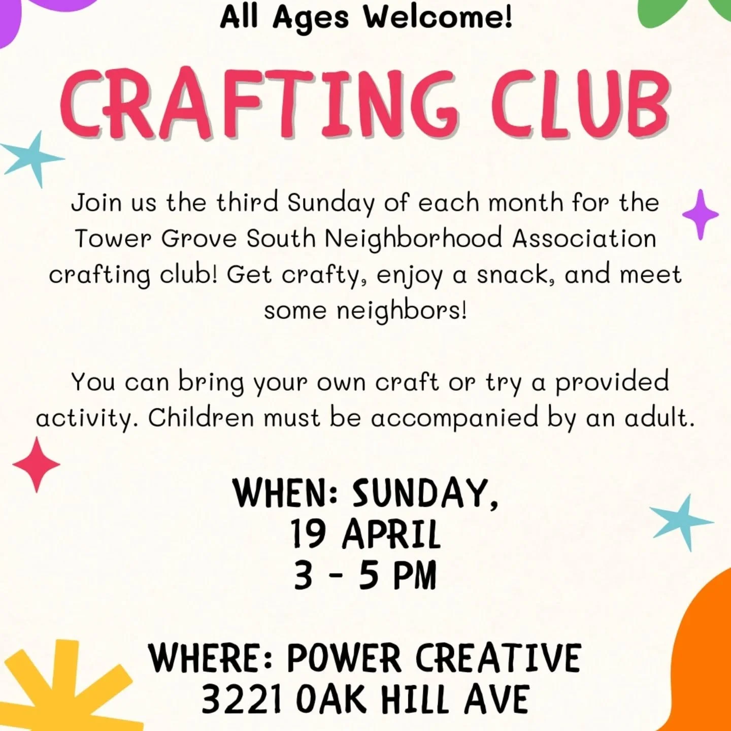 Join us this Sunday for our monthly crafting club! Bring whatever craft you're working on or try one of our easy activities like paper flowers or coloring. Meet some neighbors, enjoy snacks, and get crafty!

We are also accepting donations of small c