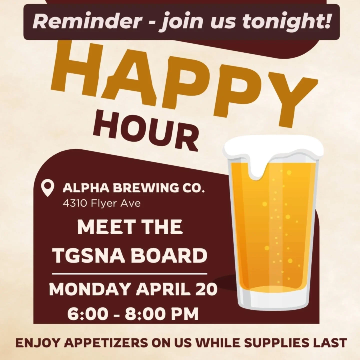 Cheer up your Monday with a Tower Grove South happy hour! Join members of the newly elected TGS Neighborhood Association between 6-8 at 4310 Flyer Ave @alphabrewingcodistillery. 

There will be appetizers while supplies last!