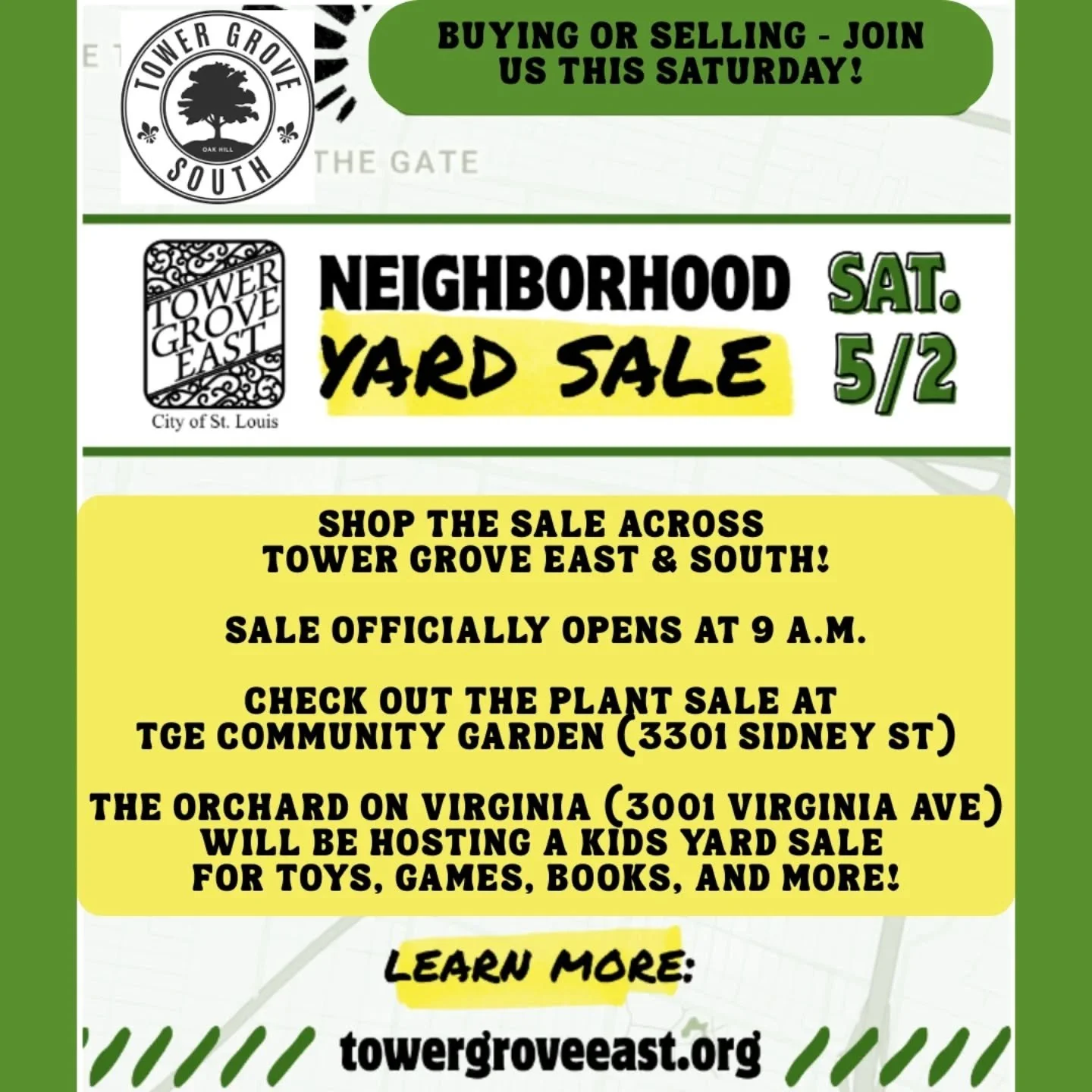 This Saturday - shop the sales in Tower Grove East &amp; South! It's the annual community yard sale! The sale officially opens at 9 am. Get out to find a treasure and appreciate these beautiful neighborhoods!
