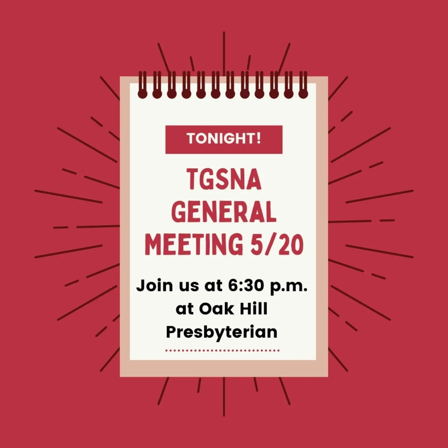 TGS Neighborhood Association 
General Meeting
Wednesday, May 20th, 6:30 p.m.
Oak Hill Presbyterian Church (4111 Connecticut St.)

Join us for our monthly meeting!&nbsp;In addition to our usual TGS speakers and our special guest speaker, we will be ho