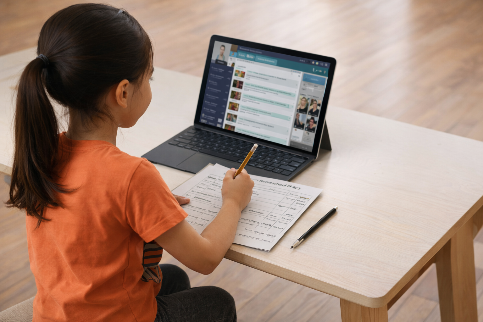 Child following an online dance lesson on a computer at home in a living room