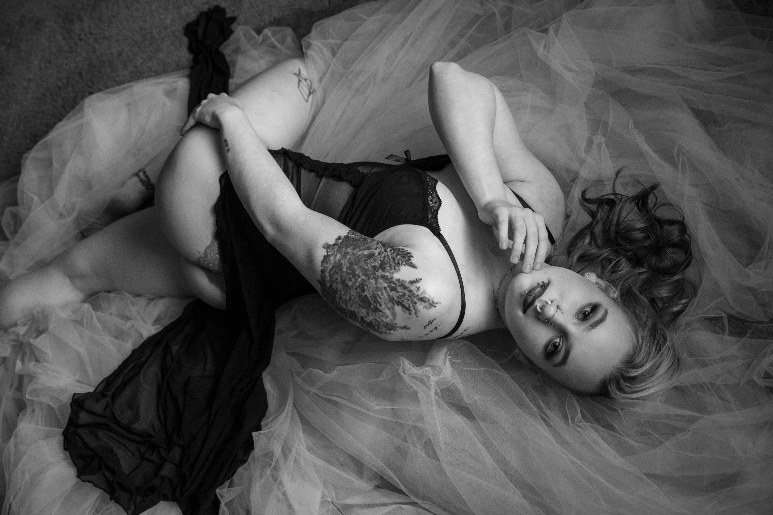 tattoo, dramatic tulle, nose ring, beautiful