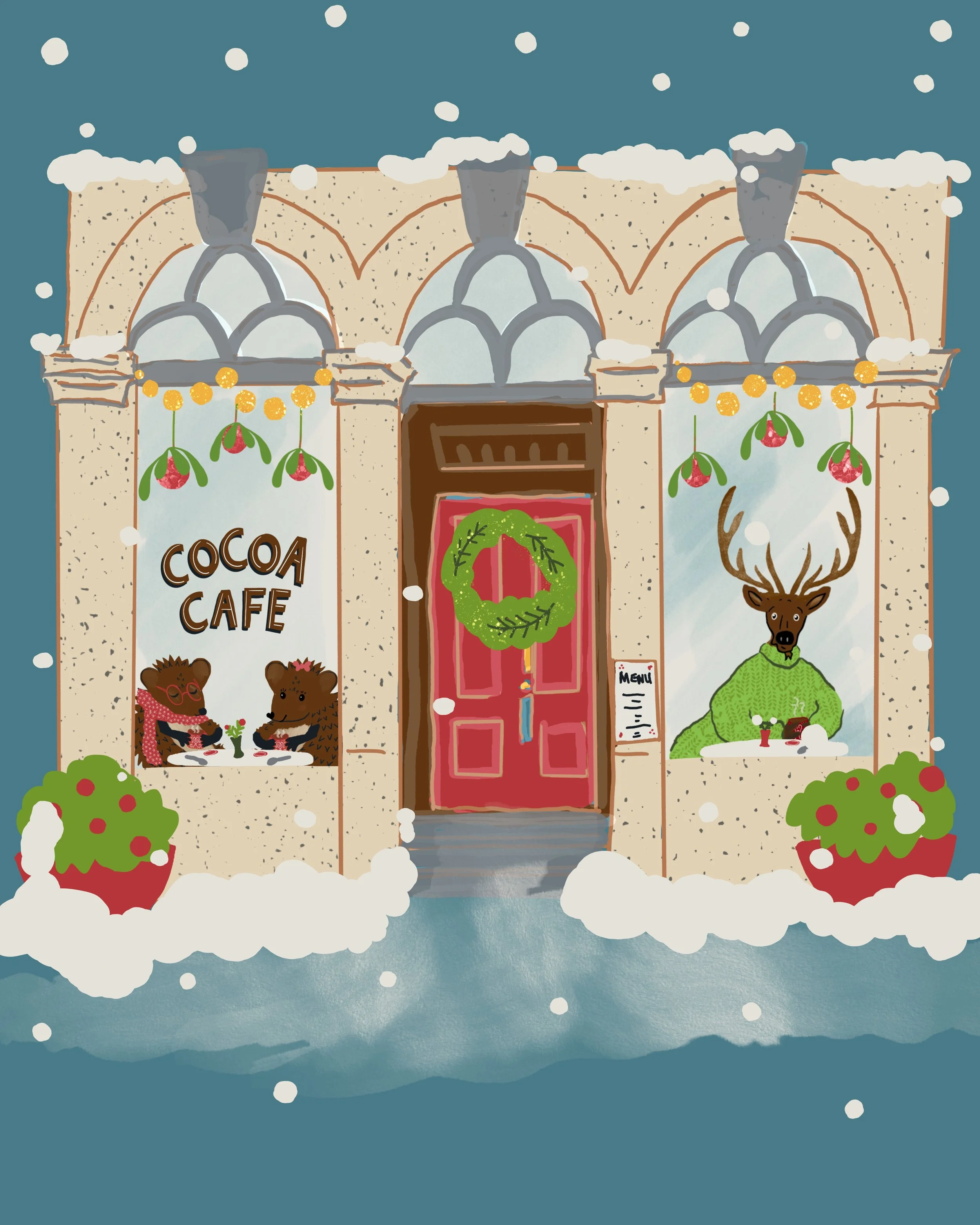 The Cocoa Cafe is part of the Tinseltown Village collection. Woodland creatures can be seen through the windows enjoying hot drinks while the snow gently falls outside. With its whimsical characters, this illustration works nicely for children's book