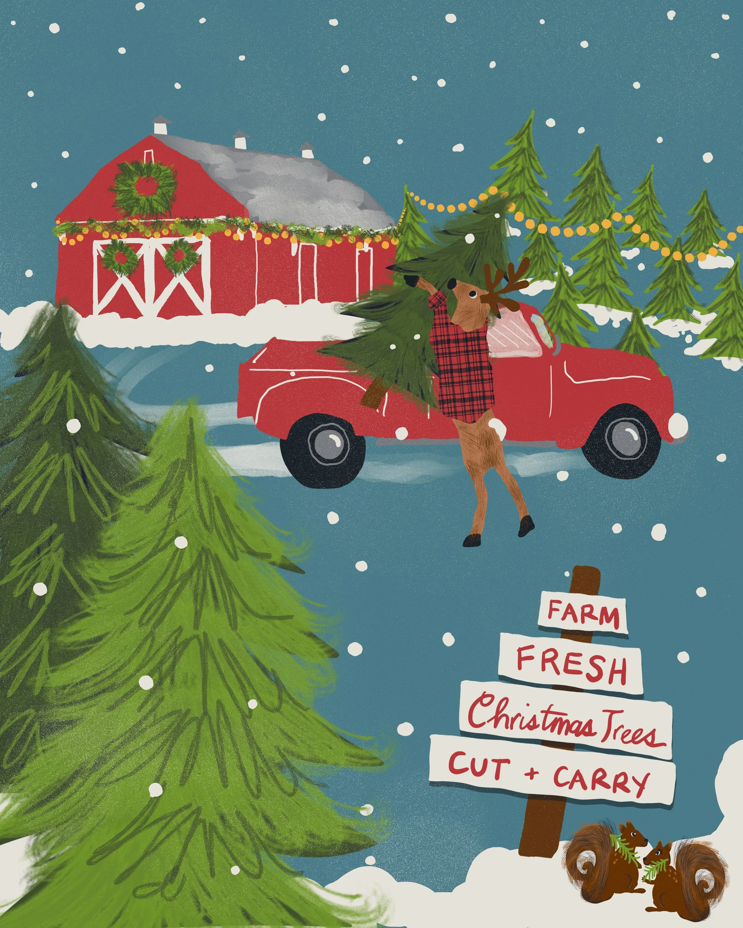 This charming winter illustration captures the magic of a farm fresh Christmas tree lot on a snowy evening. A cheerful deer in a red plain shirt carries a freshly cut evergreen tree toward a vintage red pickup truck, while a festive red barn decorate