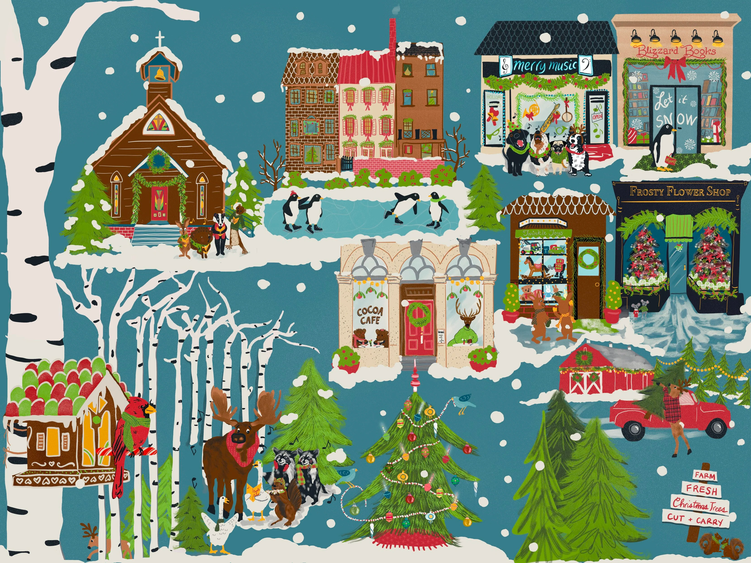 Tinseltown holiday village, bustling with whimsical characters and festive charm. This illustration would be perfect for puzzles and greeting cards for the Christmas and winter season.