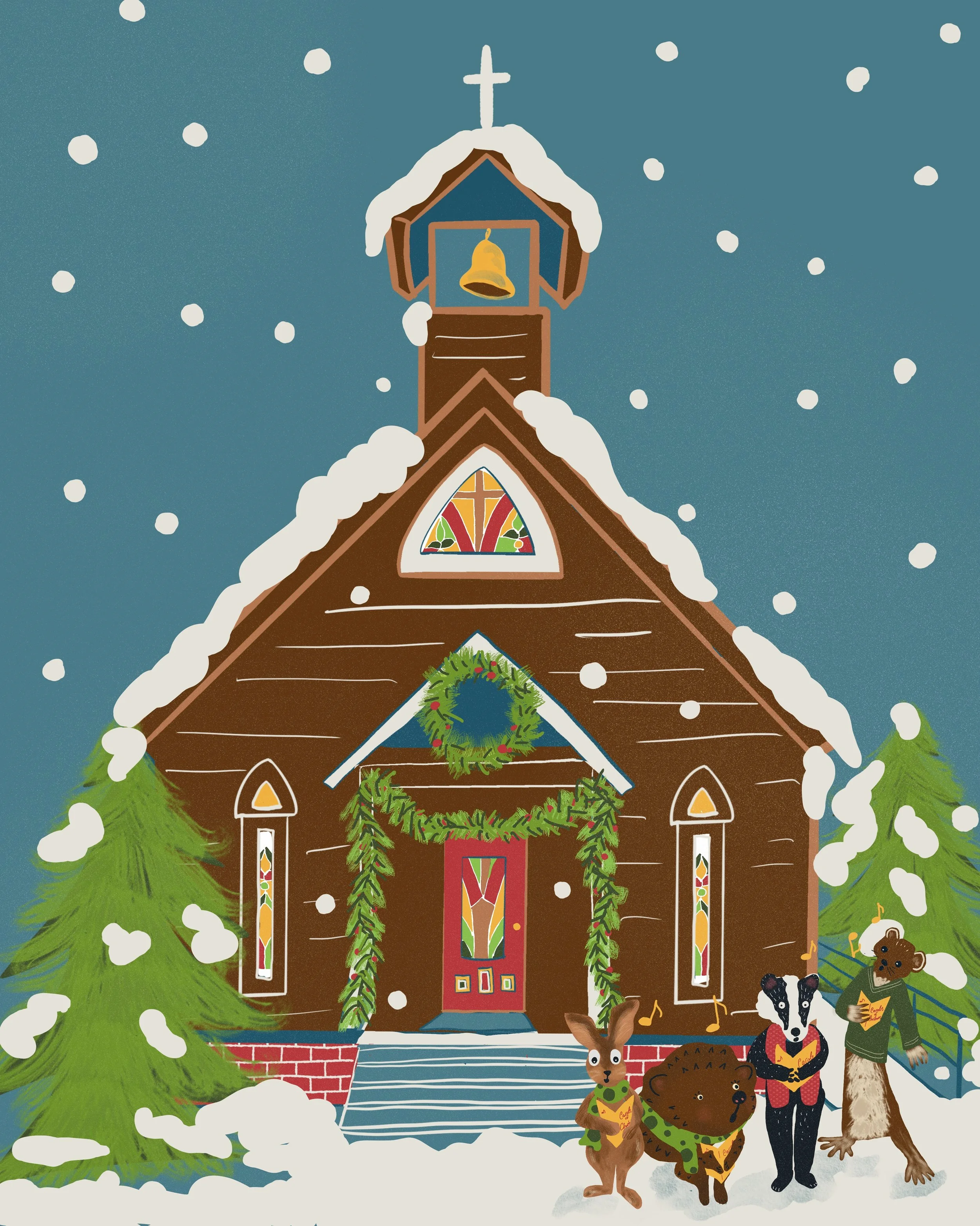 This woodland chapel is part of the Tinseltown Village collection.  A caroling quartet of woodland creatures sing during a light snowfall. The stained glass windows give a soft glow in this whimsical holiday scene. This illustration would work well f