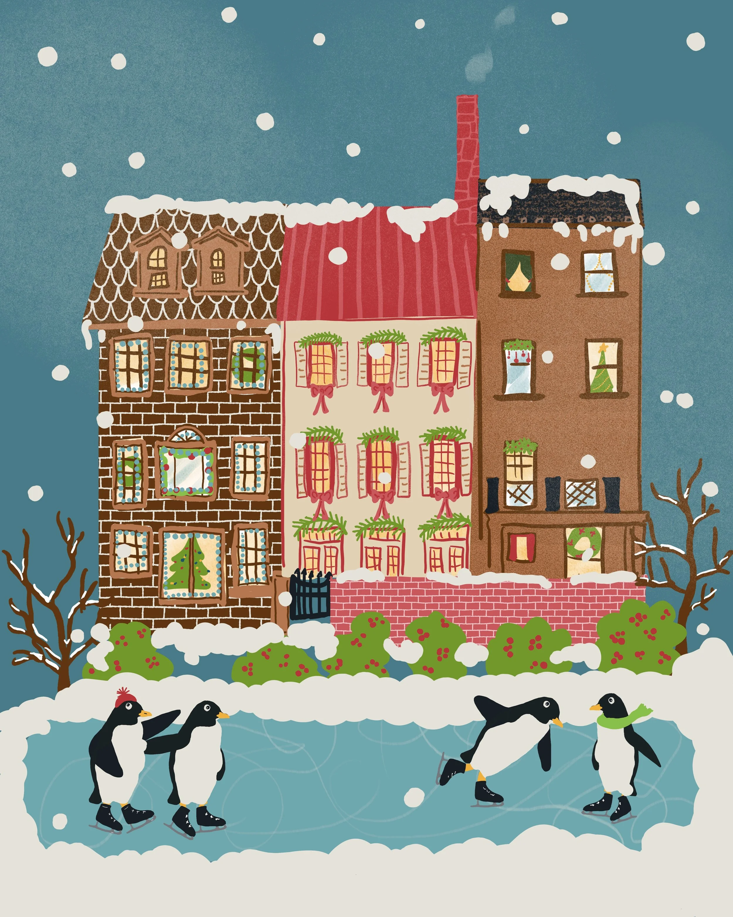 This whimsical Christmas illustration of penguins ice skating on a frozen pond in front of festive holiday townhouses decorated with wreaths and garlands. With its whimsical characters and nostalgic holiday charm, this artwork is perfect for Christma