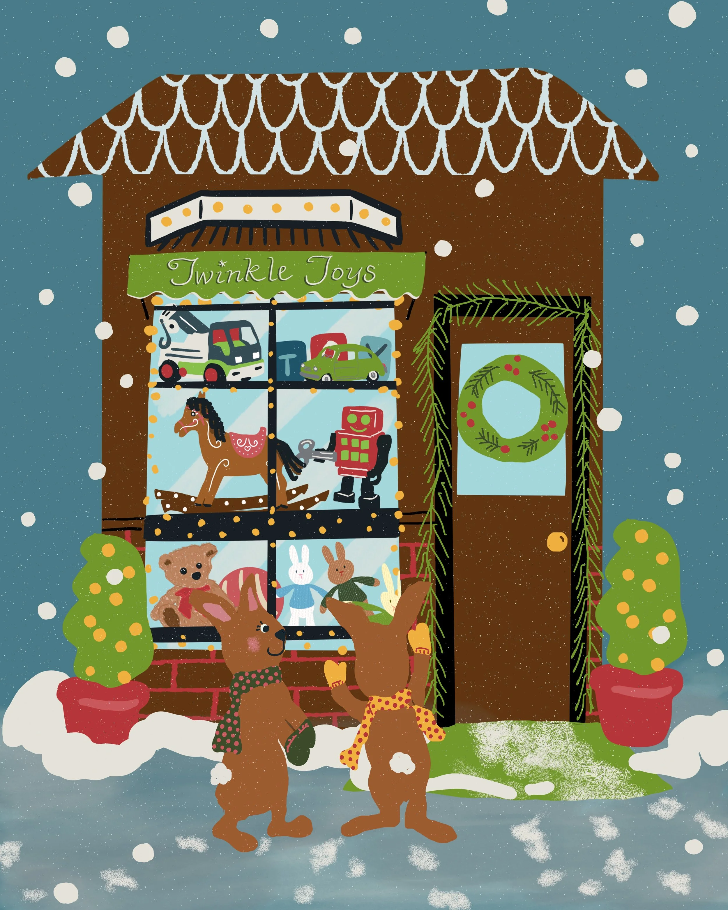 Twinkle Toys is part of the Tinseltown village collection. This adorable illustration features two bunnies window shopping for Christmas presents. Perfect for children's puzzles, greeting cards and home decor.