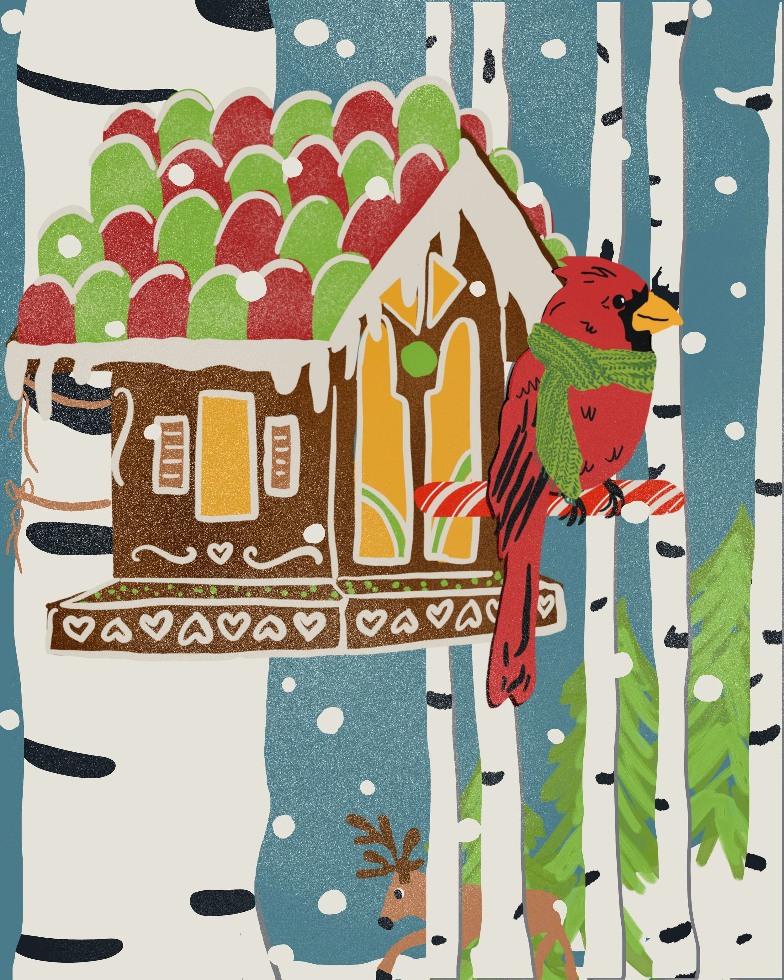 A whimsical winter illustration of a bright red cardinal wearing a cozy green scarf perched beside a festive gingerbread birdhouse in a snowy birch forest. With falling snow, candy inspired roof details and woodland animals nearby, this charming holi