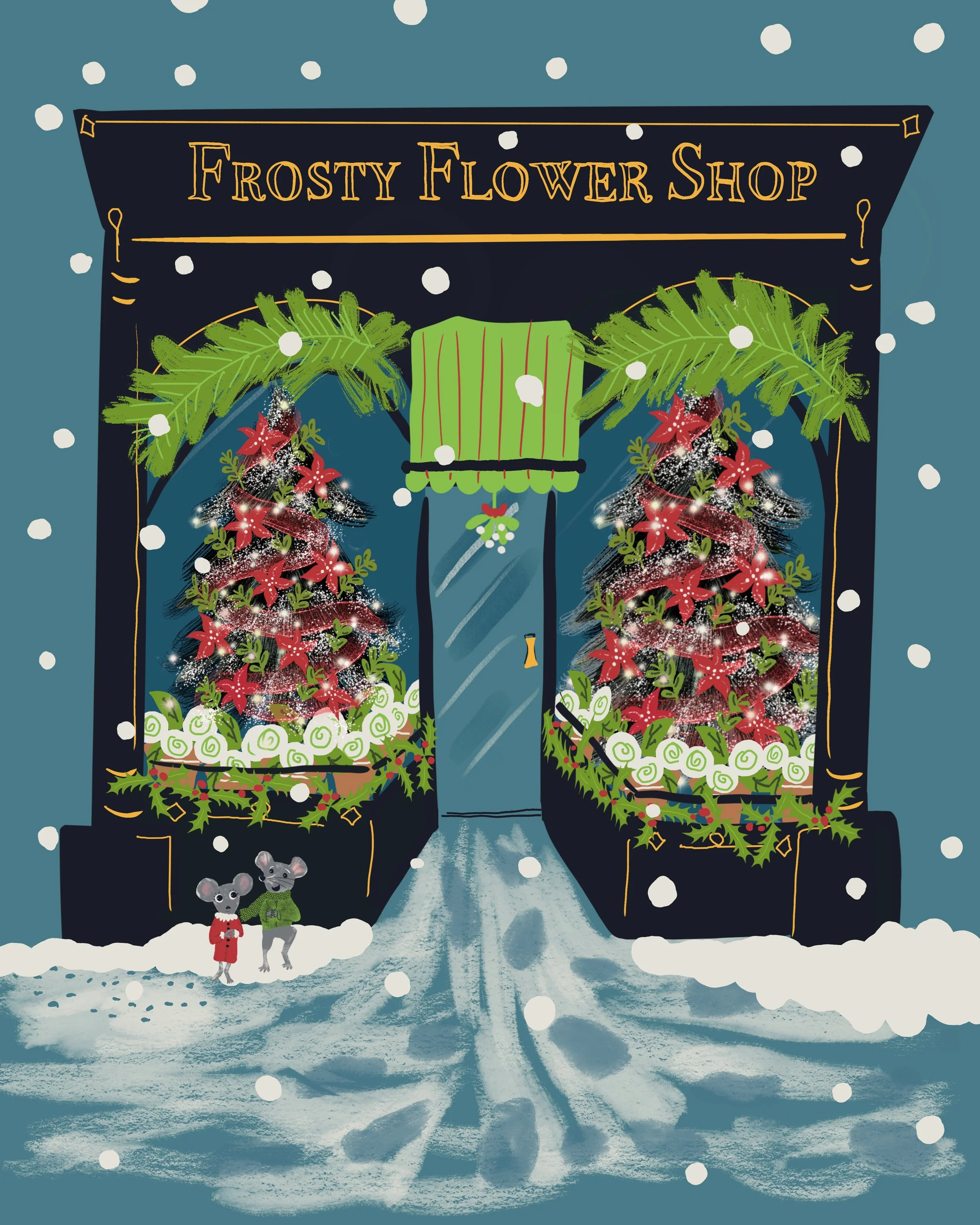 The Frosty Flower Shop is part of the Tinseltown Village collection. Two mice admire the floral Christmas trees and anticipate a walk under the mistletoe. This whimsical illustration is sure to bring a smile during the holiday season.