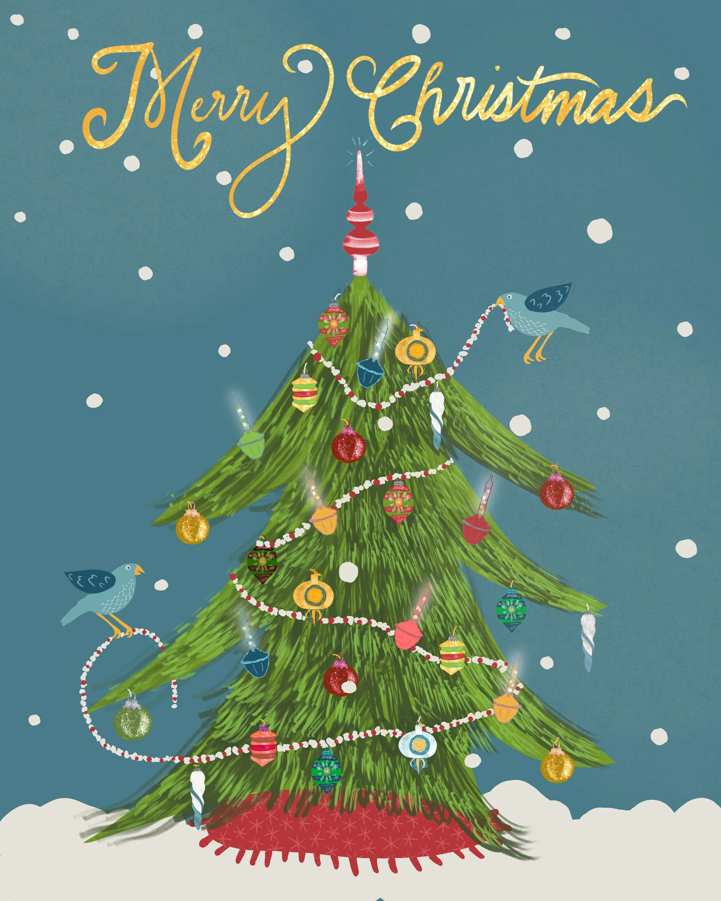 Blue birds decorate a festive Christmas Tree with retro glass ornaments, and a popcorn and cranberry garland. This festive illustrated scene is embellished with hand lettering wishing everyone a Merry Christmas.