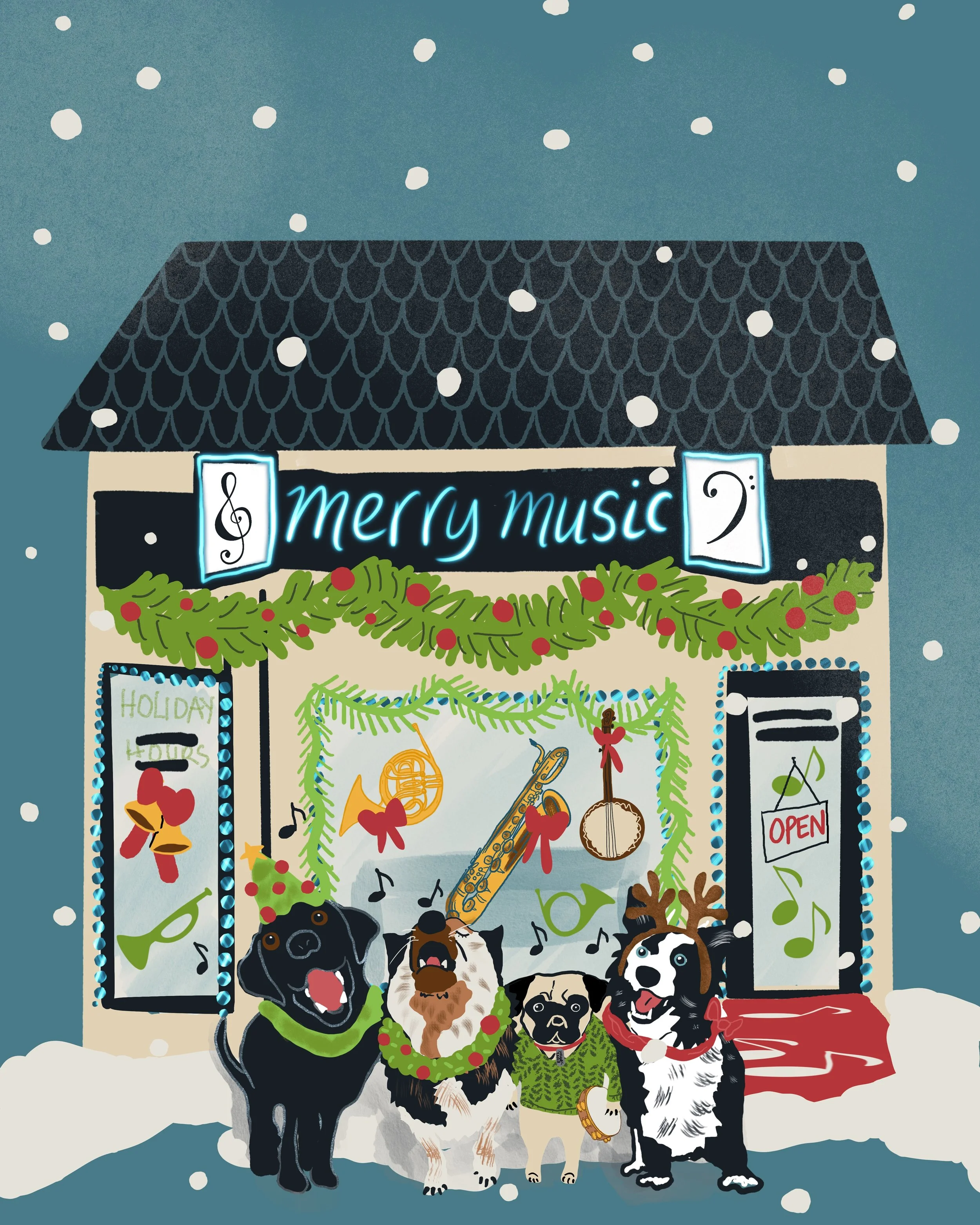 The Merry Music store is part of the Tinseltown Village collection. Music lovers will appreciate the French Horn, banjo and bari sax in the window. Snow gently falls while a canine quartet serenade shoppers. This whimsical holiday illustration is per