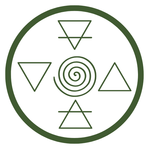 A circular green and black symbol featuring a spiral at the center, surrounded by five outlined triangles pointing in different directions, all enclosed within a green circle.
