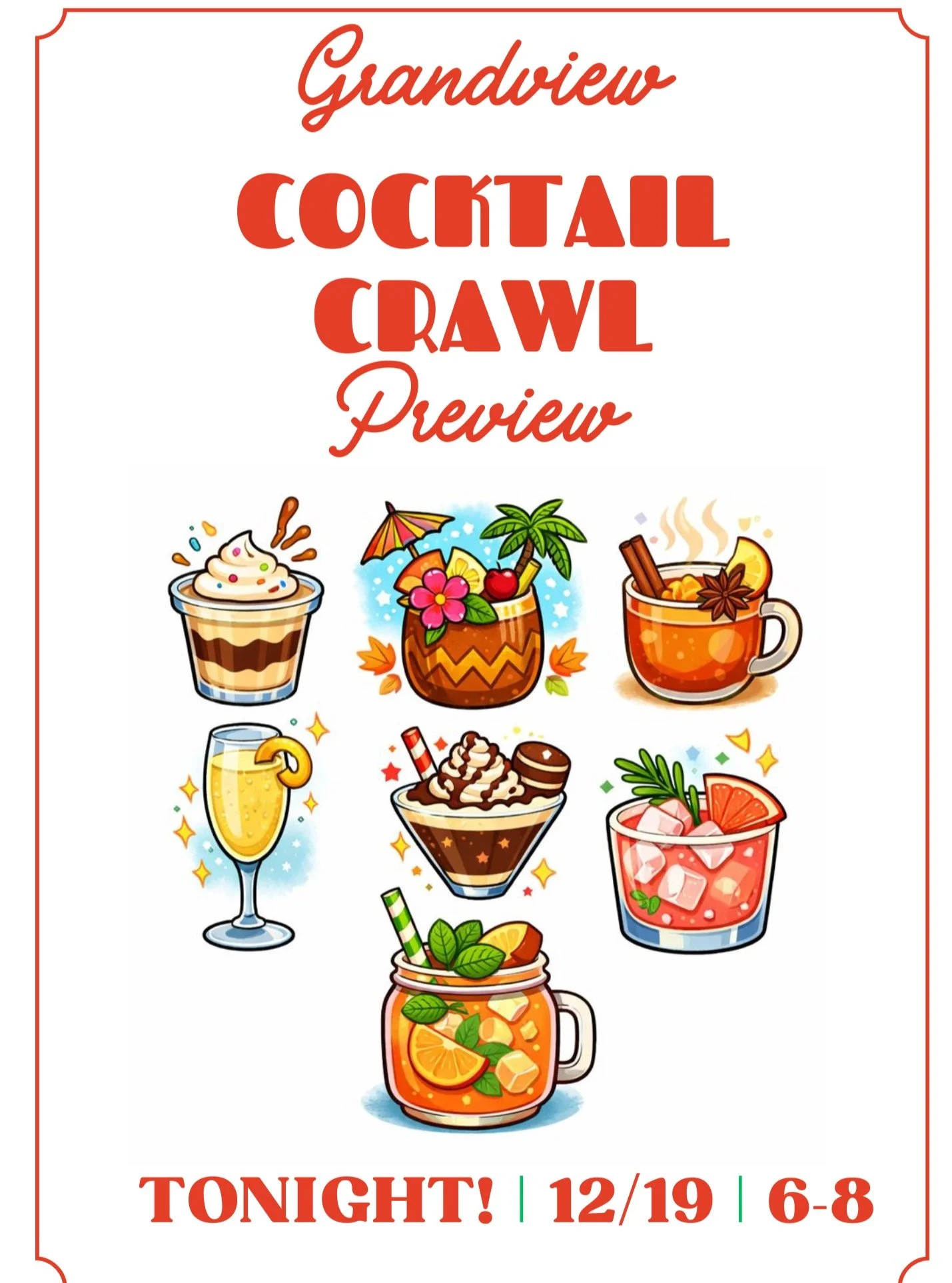 Tonight's the night, Grandview! ✨🍸
Here&rsquo;s a preview of what to expect at the Grandview Cocktail Crawl
Tonight, 12/19 | 6&ndash;8 PM!
Follow the route (starting on 14th Avenue and Campbell) and enjoy:
❄ Mele Kalikimaka Mai Tai 
❄ Desert 75 
❄ P