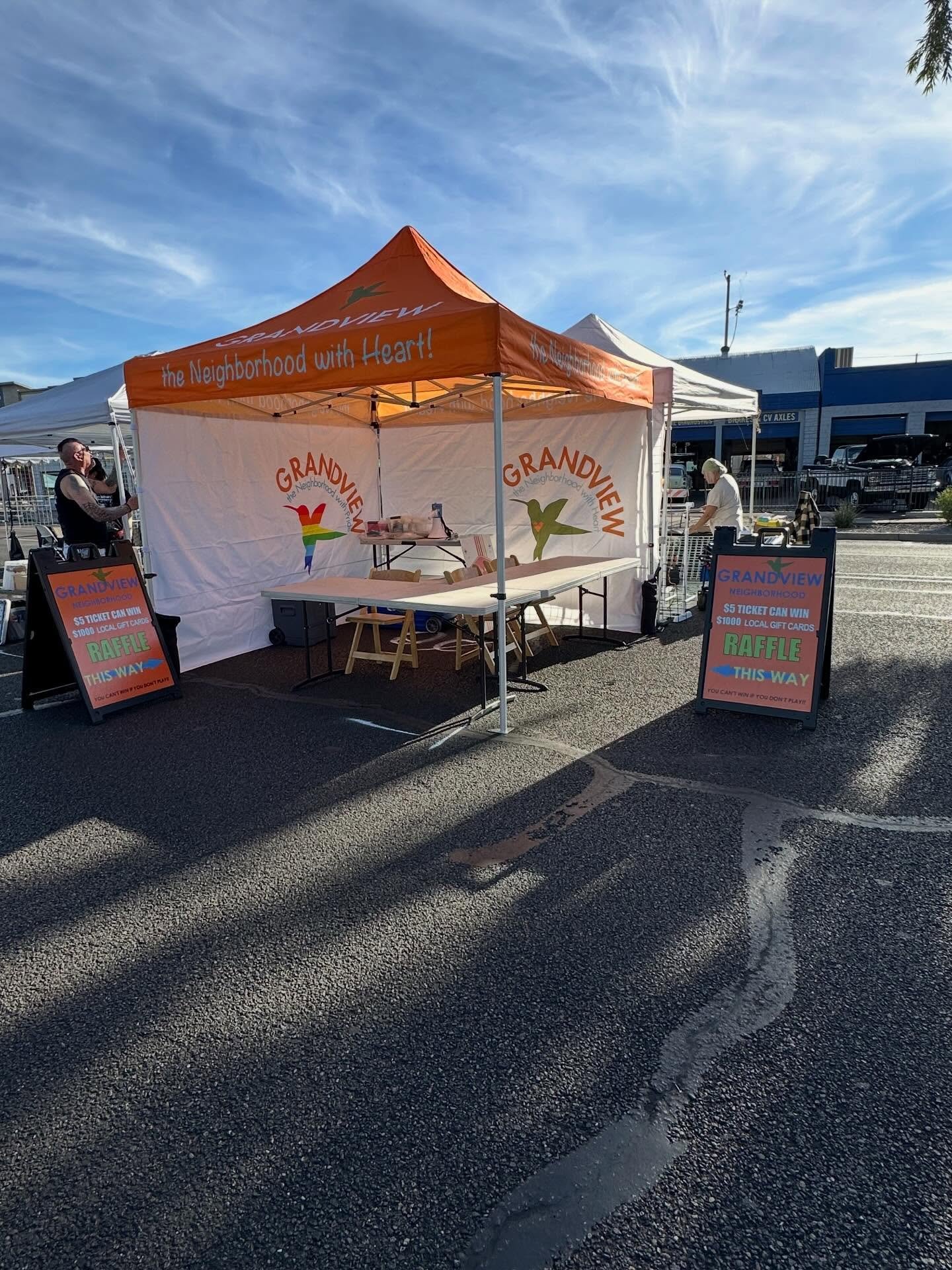 All set up friends, stop by! HUGE SHOUT OUT TO THE LOCAL BUSINESSES WHO DONATED. Swipe to see the goodies you could win! 🏆 The Grandview Neighborhood Association thanks all our generous sponsors for donating gift cards from their businesses to our &