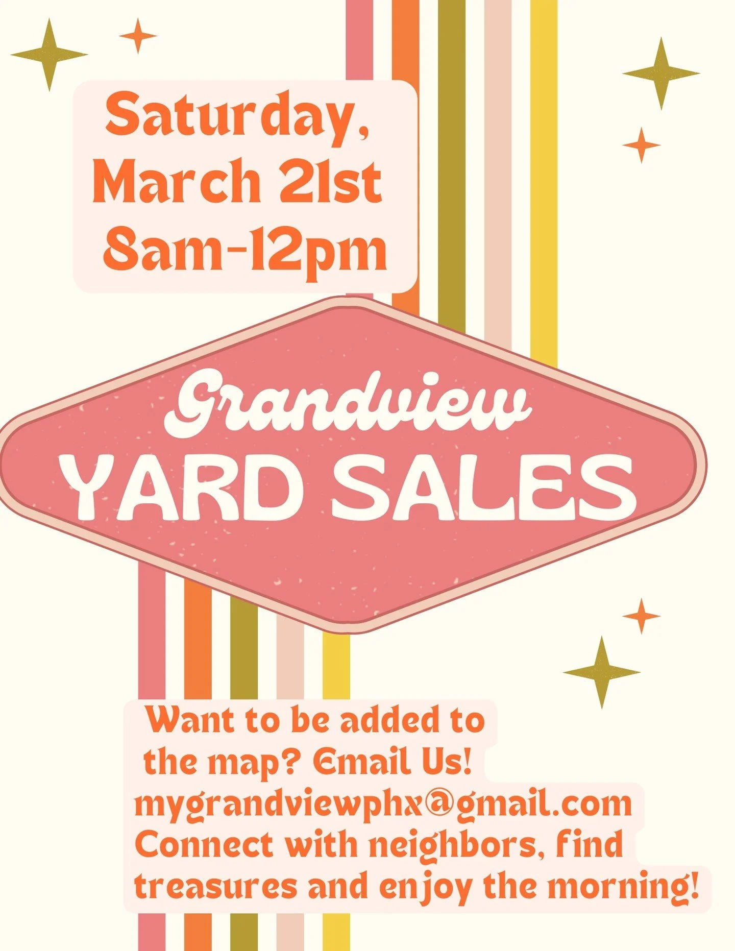 🛍️ It&rsquo;s that time of year again &mdash; our Neighborhood Yard Sale is coming up soon!

📅 Saturday, March 21
⏰ 8:00 AM &ndash; 12:00 PM

If you&rsquo;d like your home included on the official neighborhood yard sale map, please email us at mygr