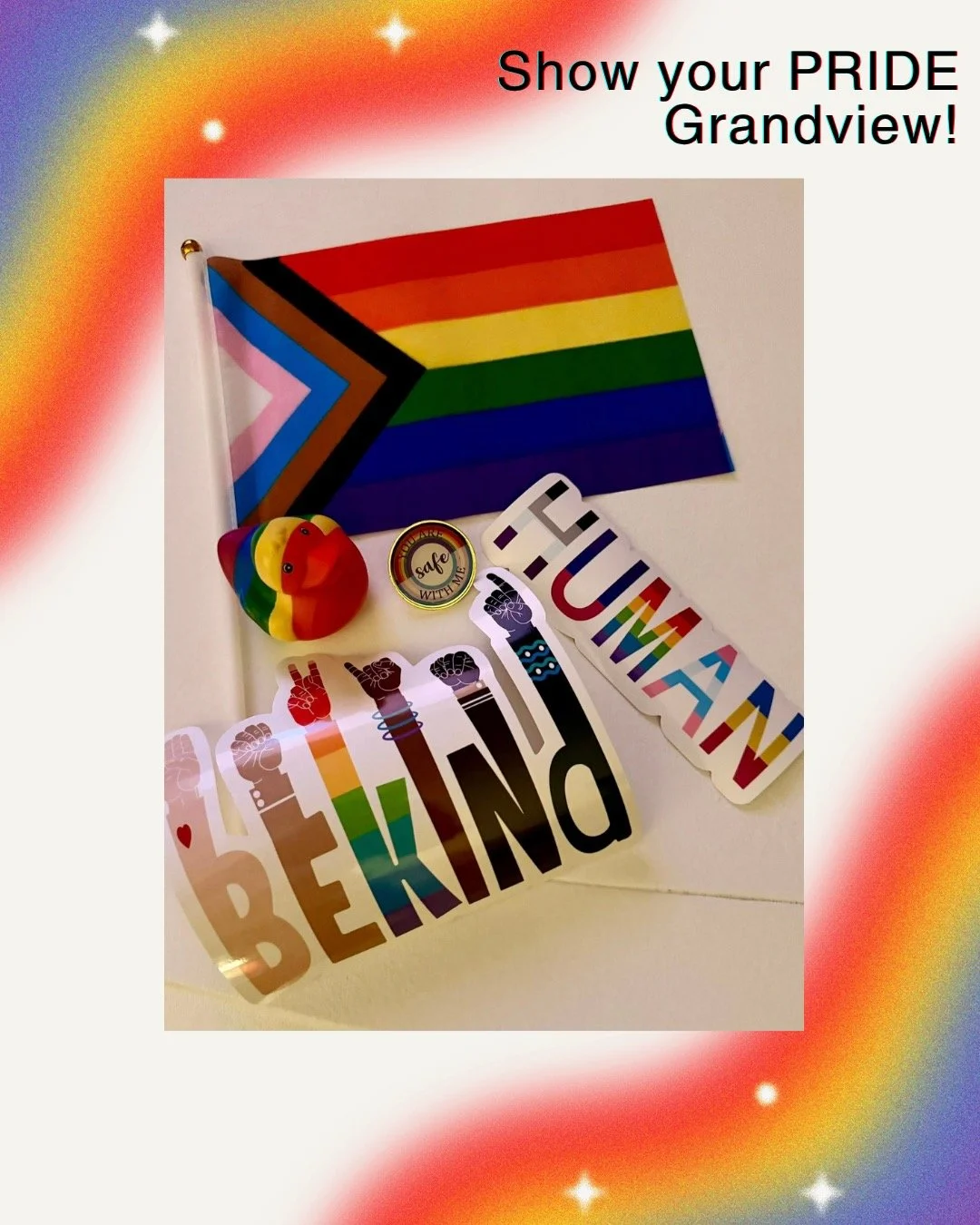 Happy Pride Month, Grandview!

New this year - little free treasure chest.
Kicking off Pride month with a cabinet of freebies:
- Pride progress mini flags
- LGBTQ+ Ally pins
- Pride stickers
- Rainbow rubber ducks
Take a look inside the white cabinet