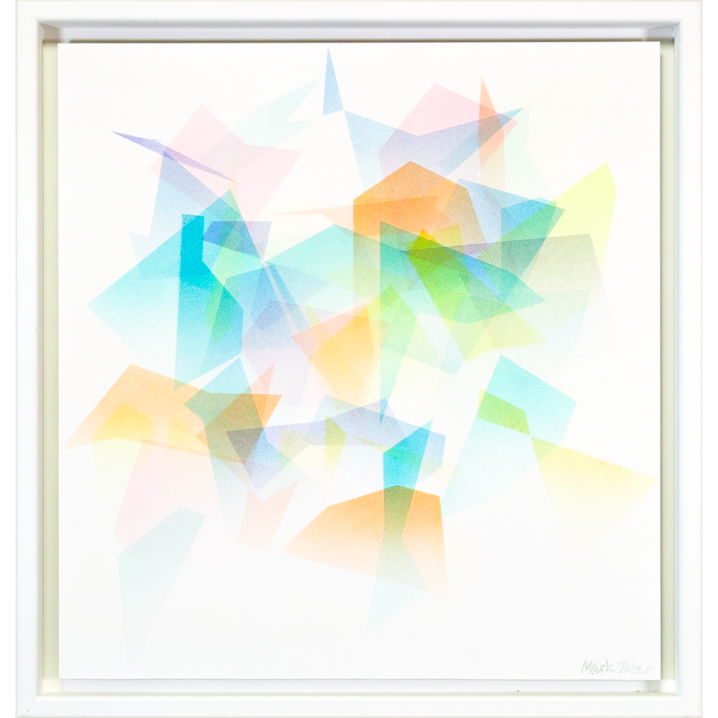 Pastel geometric abstraction: translucent shards in soft blues greens pinks yellows radiating from central glow on white, Tychist Object 021 by Mark G. Taber