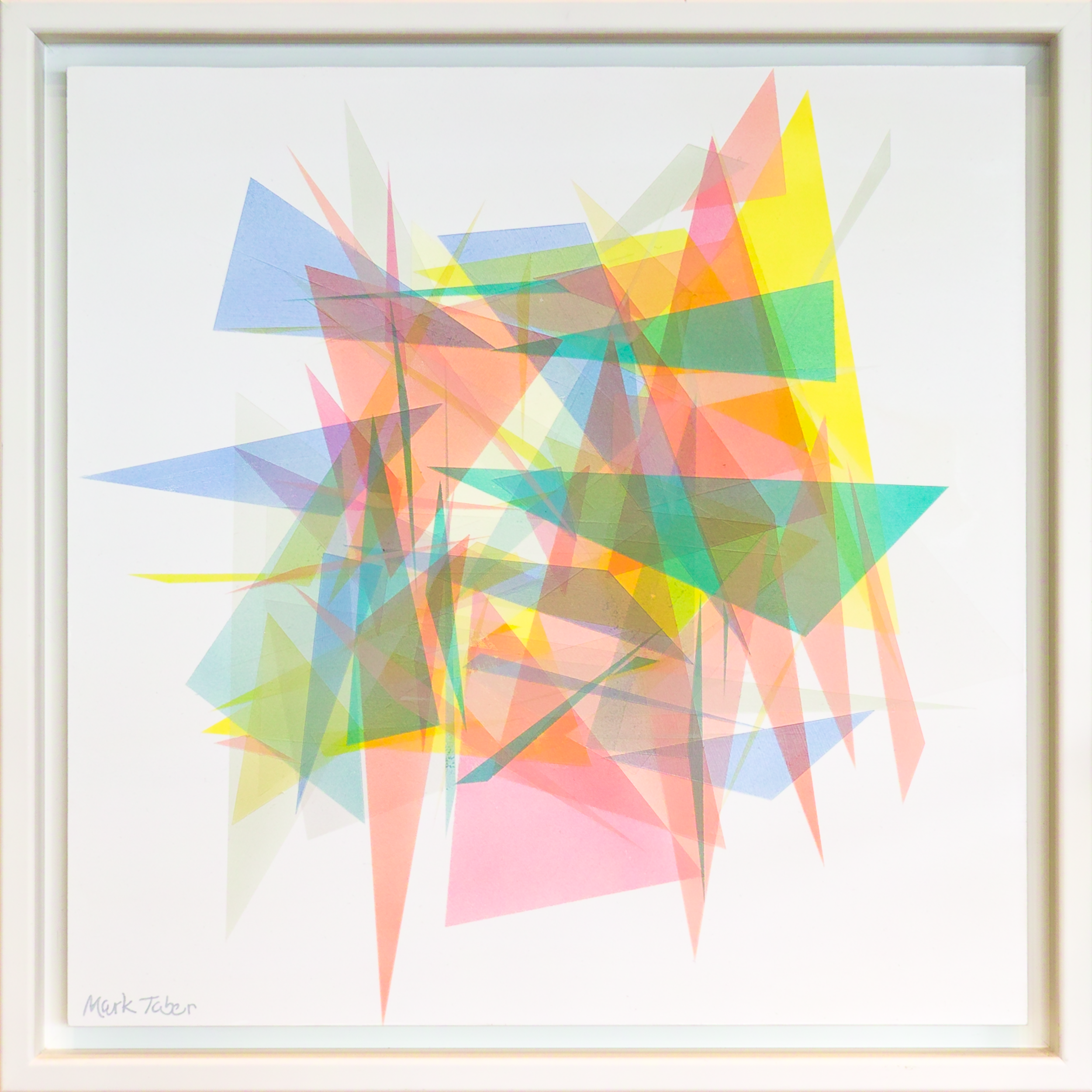 Pastel geometric abstract with translucent triangles and polygons in bloom, Tychist Object 075 by Mark G. Taber
