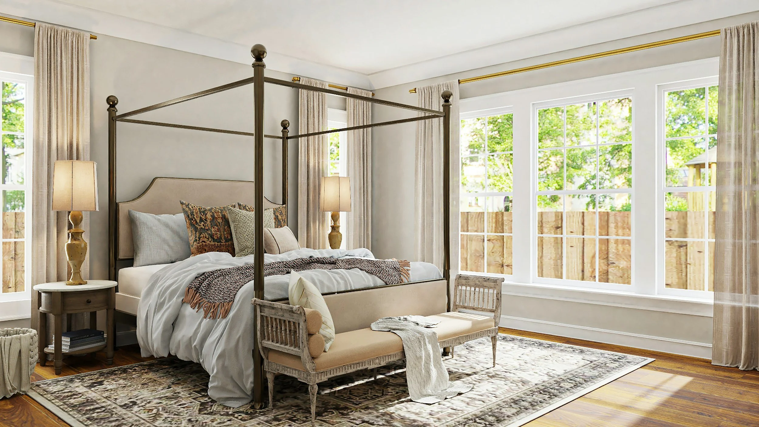 A bedroom with large windows, a four-poster bed, and bedside lamps, featuring a neutral color palette and natural light.