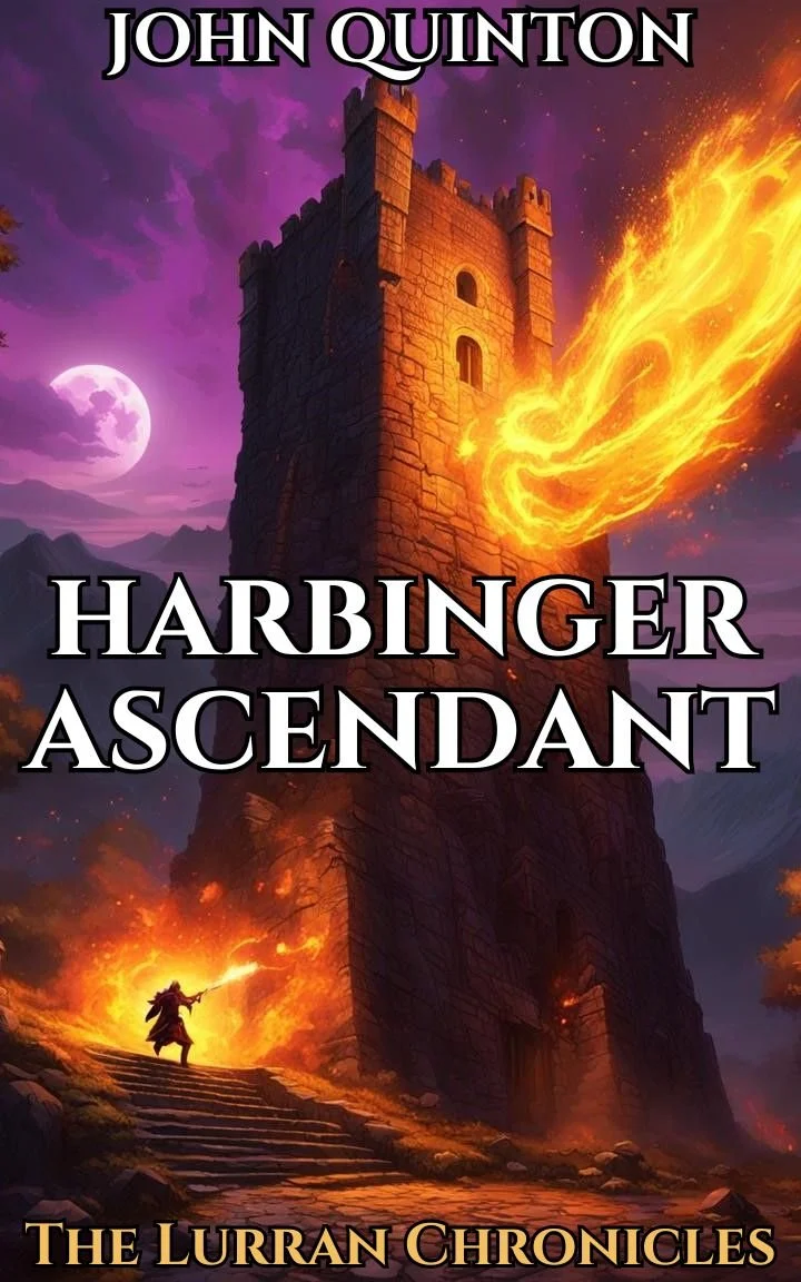 A fireball hitting a stone tower while a purple moon hangs in the sky overhead. #LitRPG #ProgressionFantasy #lurranchronicles