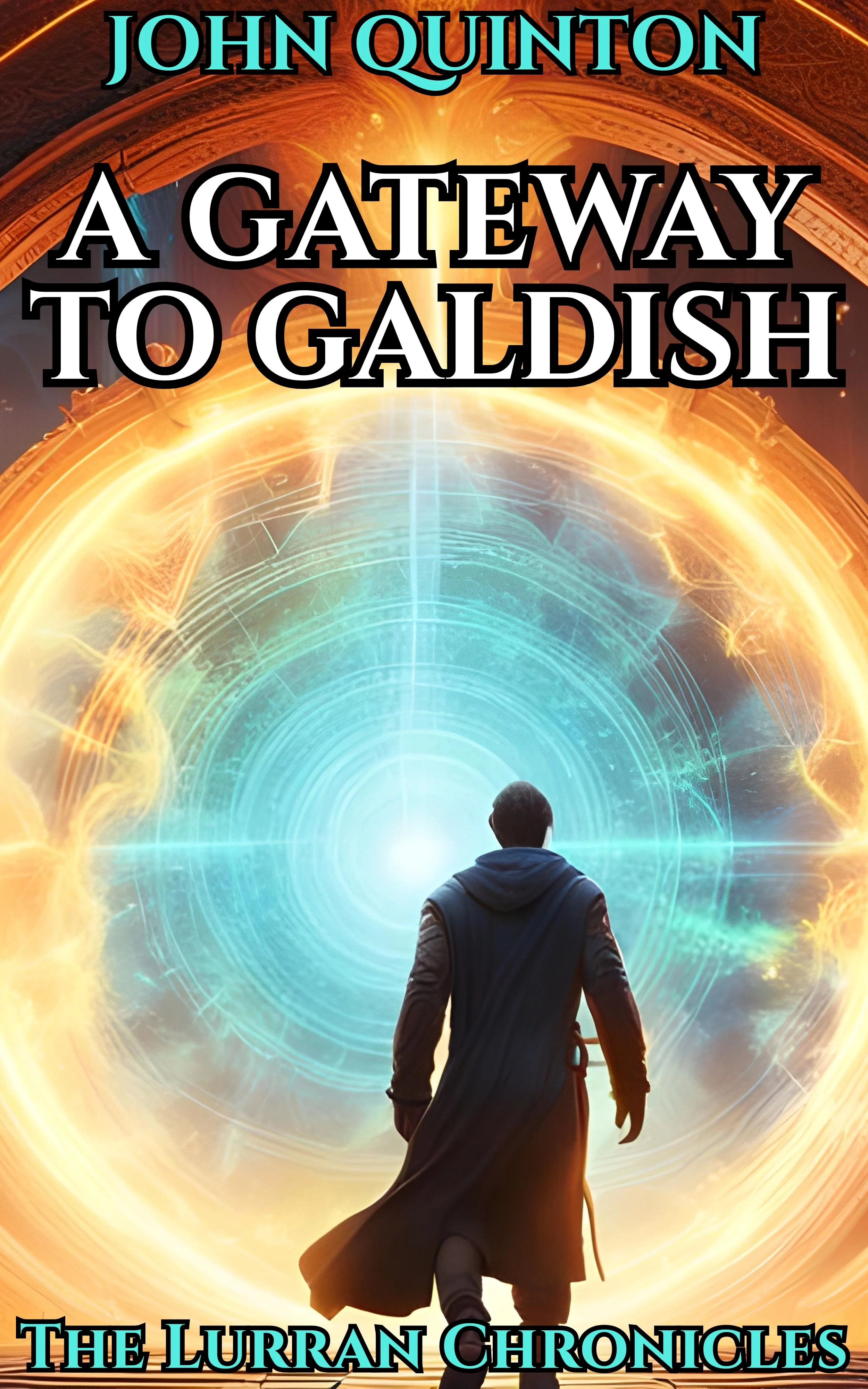A man walking toward a portal of gold and blue light. #LitRPG #ProgressionFantasy #lurranchronicles