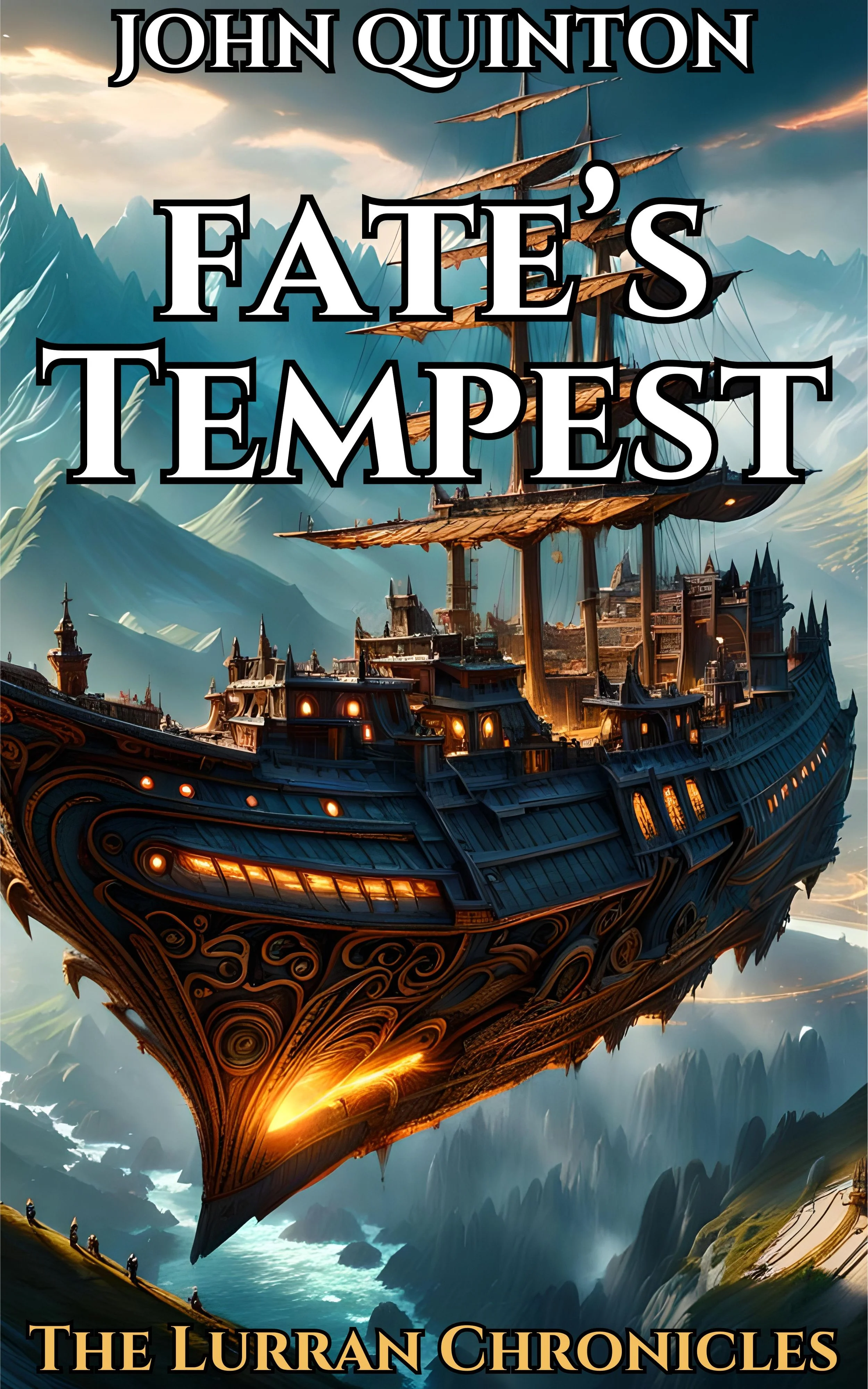 A magical sailing ship flying over a mountain valley.#LitRPG #ProgressionFantasy #lurranchronicles