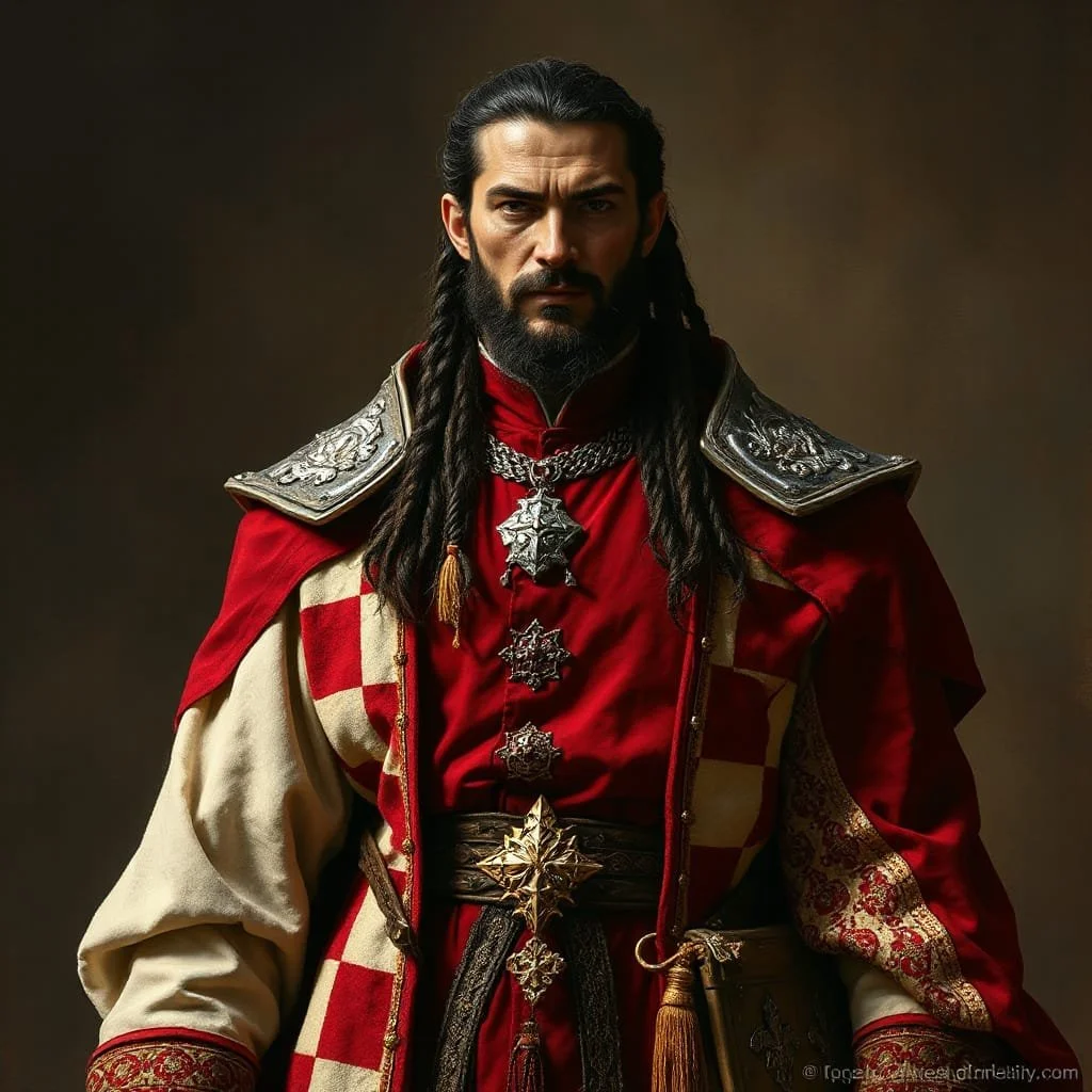 A man dressed in medieval or fantasy costume with a serious expression, dark long hair, a beard, and wearing armor-like shoulder pieces, a red and beige checkered cloak, and ornate chain and star-shaped jewelry.