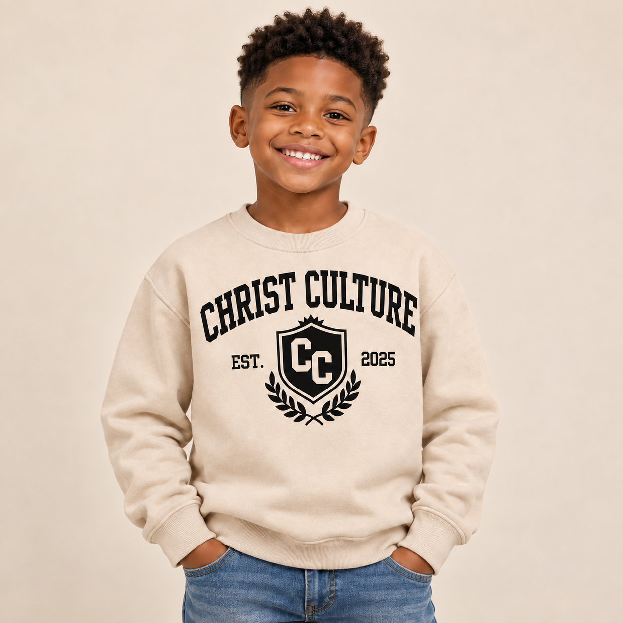Boy's sand crewneck with black crest-3.png