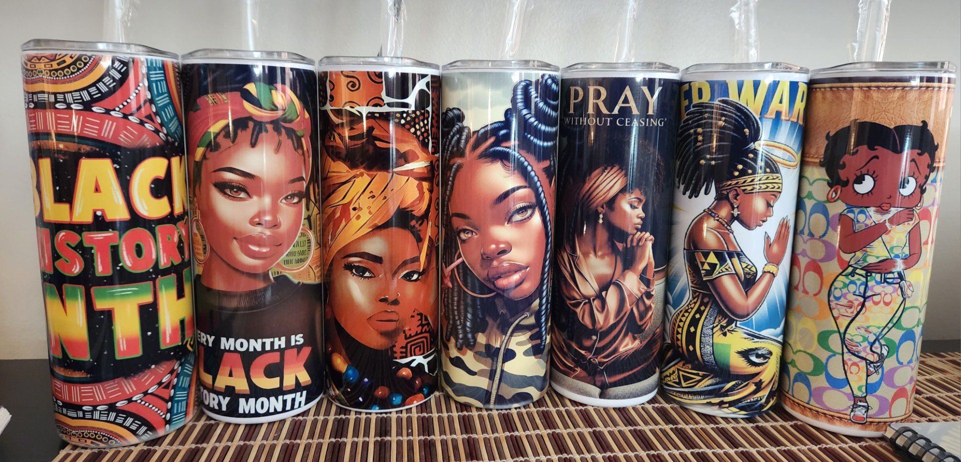 tumblers with straws in Black History Month, prayer, Black Betty Boop designs