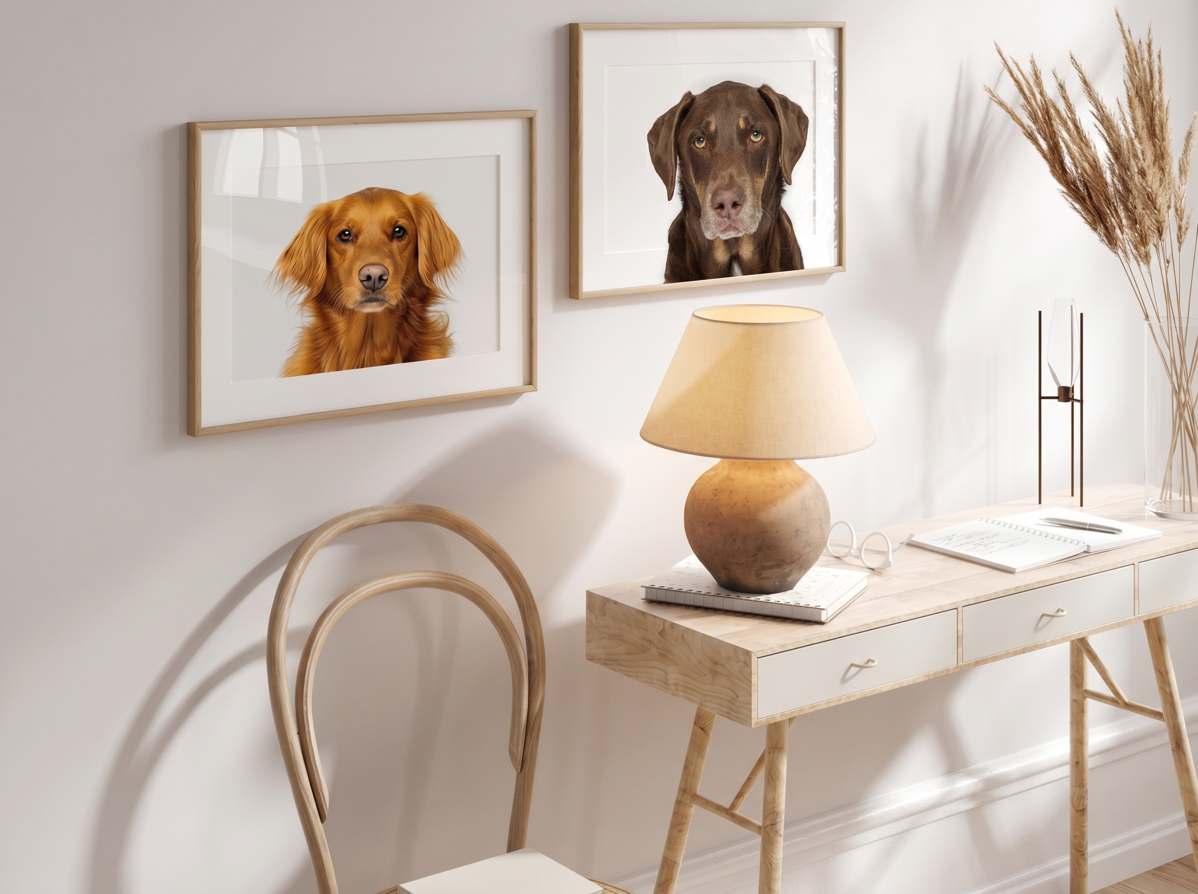 Two square framed dog portraits in natural wood frames hang above a light wood desk — a golden retriever and a chocolate-colored dog, each photographed individually, styled as a paired gallery wall by Crystal Coast Dog Photography.