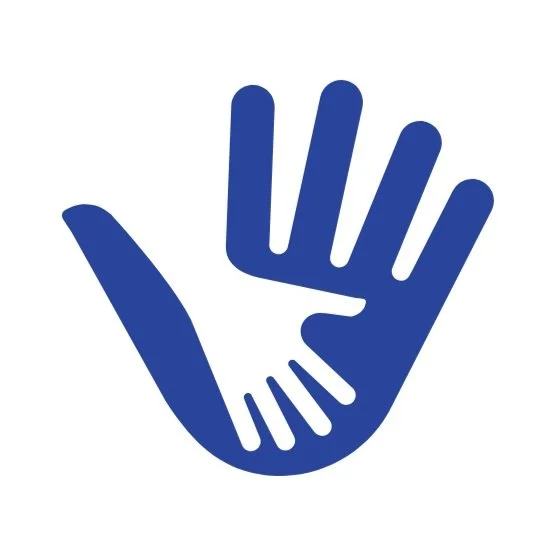 A blue graphic of two hands, one large and one small, overlapping to symbolize help or support.