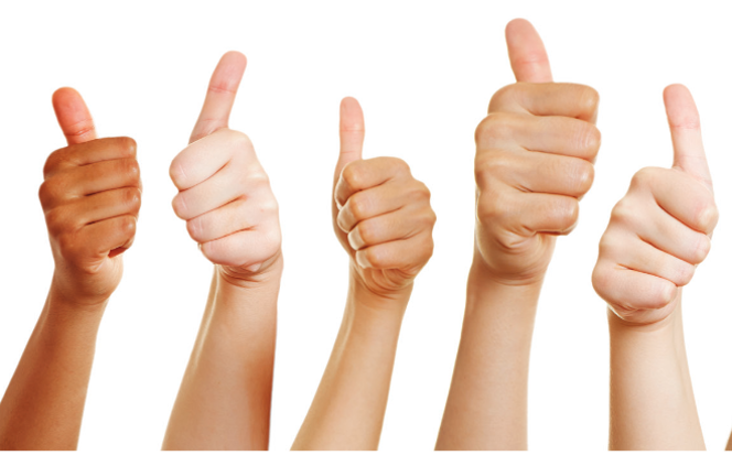 Five different hands giving a thumbs-up gesture.