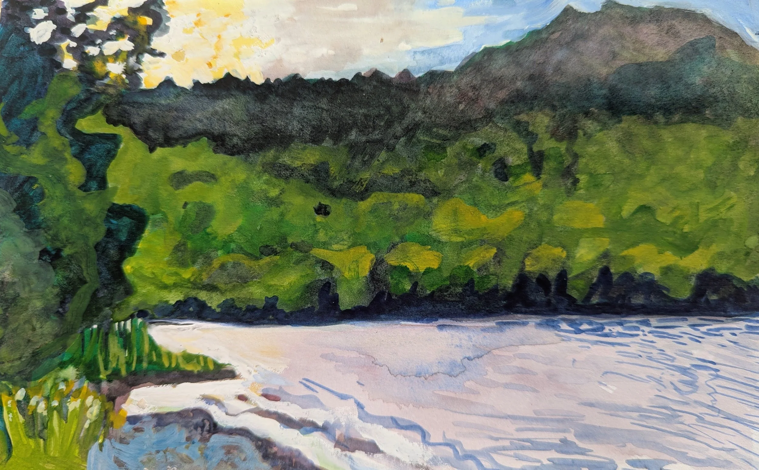South Branch Sunrise, watercolor and guache, 6" x 9"