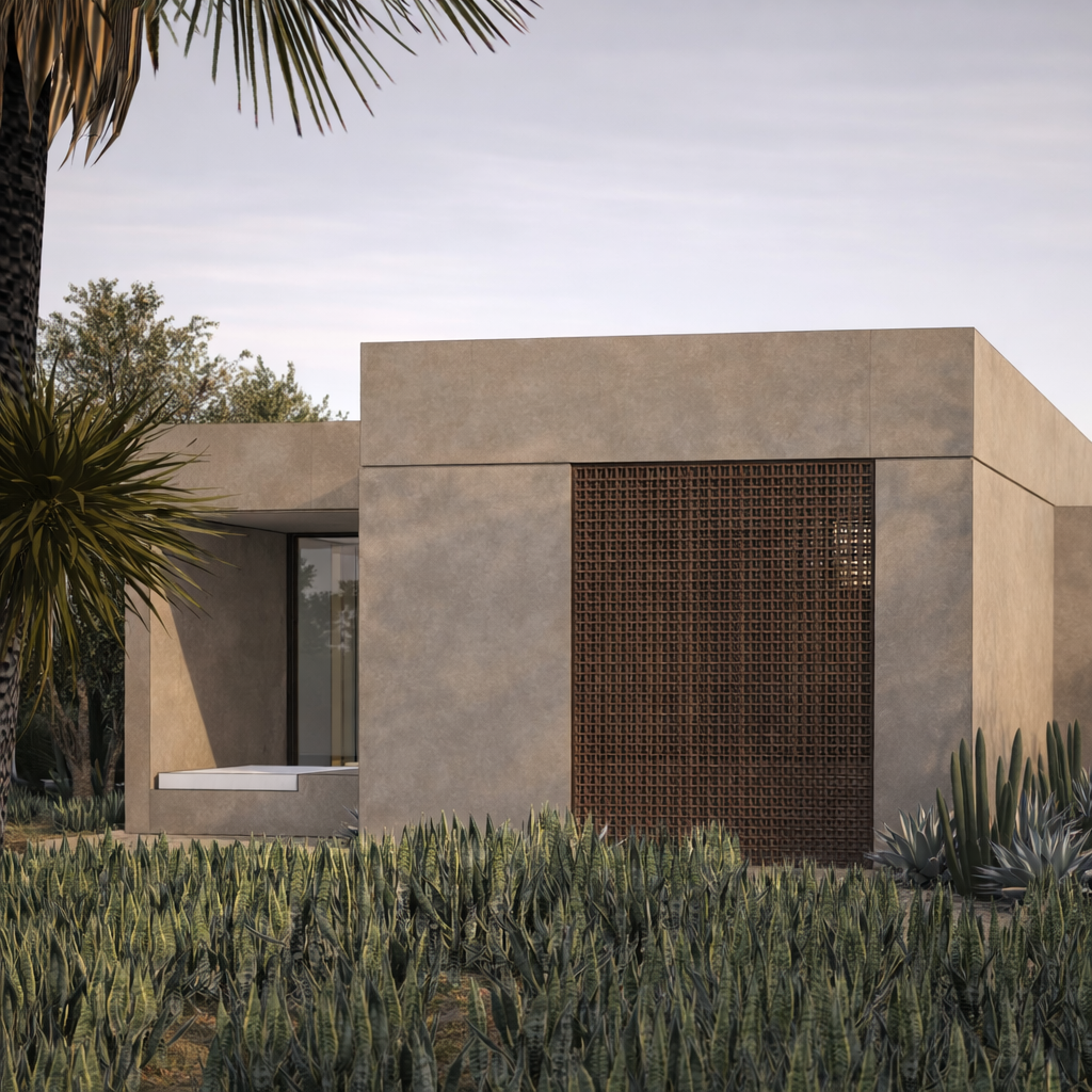 Cashew House villa exterior facade with succulent garden, Mui Ne Vietnam — Steven Baeteman Studio
