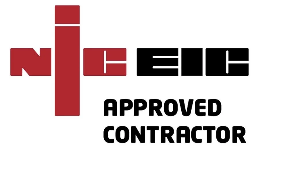 Logo with the text 'NICEIC' in stylized letters and the words 'Approved Contractor' below in bold black font.