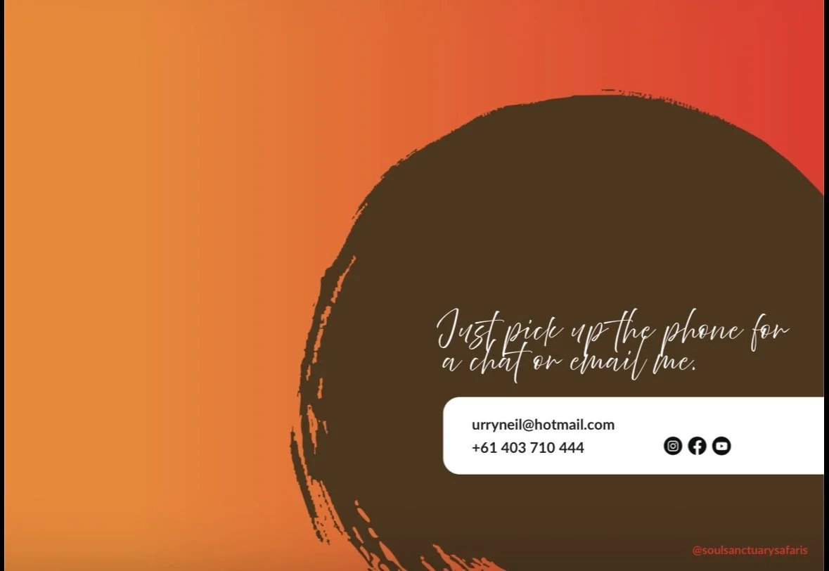 Business card with a colorful orange-red gradient background, featuring a large black circular brush stroke, white handwritten text, contact information, social media icons, and the handle '@soulsanctuarysafaris' in red.