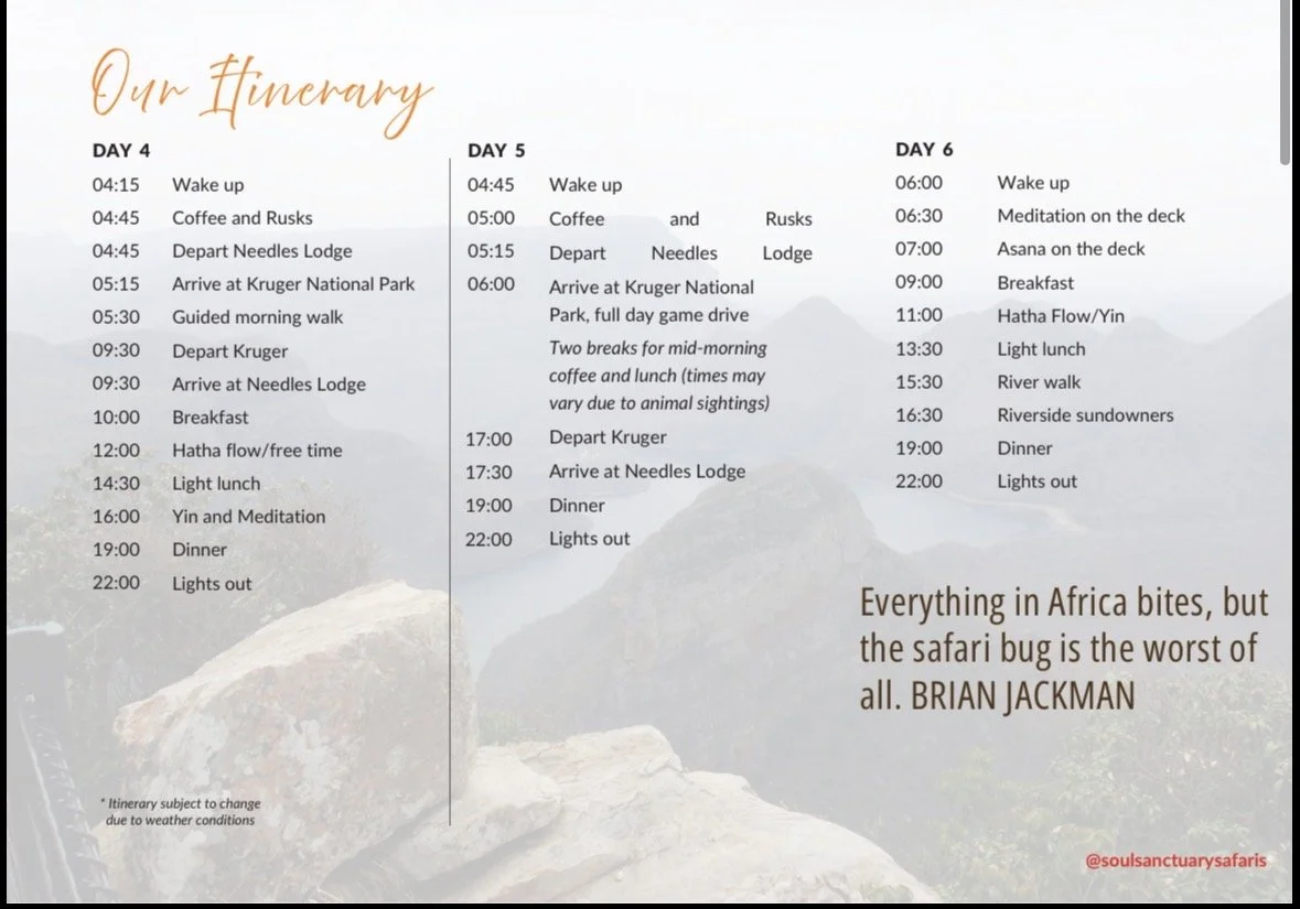 A detailed itinerary for a safari trip in Africa, outlining daily activities from Day 4 to Day 6 including wake-up times, meals, game drives, meditation, and relaxation activities, with a background image of African landscape and a quote about Africa.