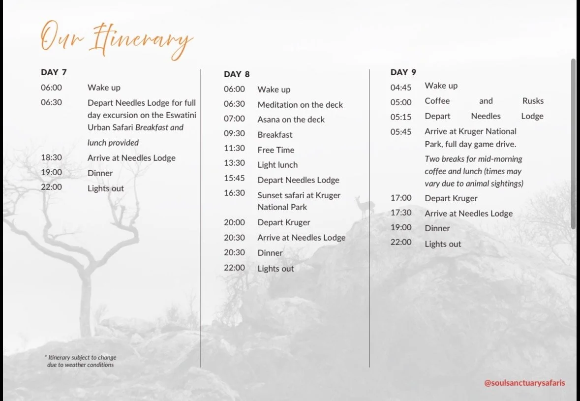 Three-day itinerary schedule with daily activities listed from early morning to night, including wake-up times, meals, safaris, and travel departures at Needleles Lodge, Kruger National Park, and related locations, with notes about possible weather changes.