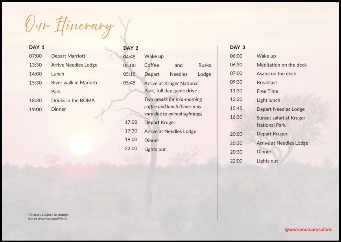 Text-based itinerary titled 'Our Itinerary' detailing a multi-day safari schedule with activities, times, and locations, including departure, meals, excursions, and return times.